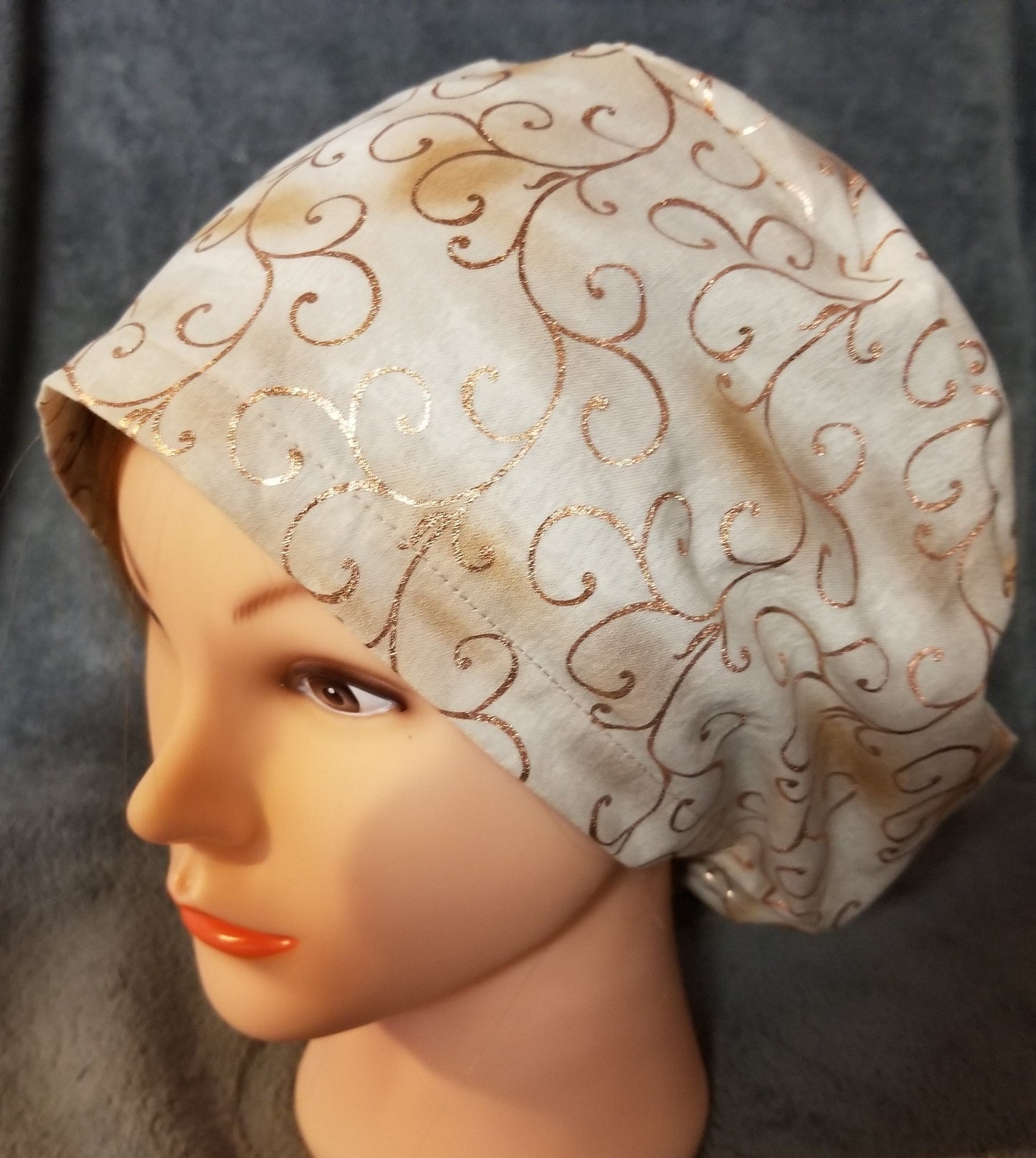 Beige Background with Copper Swirls Pixie Style Scrub Cap, Euro style scrub cap