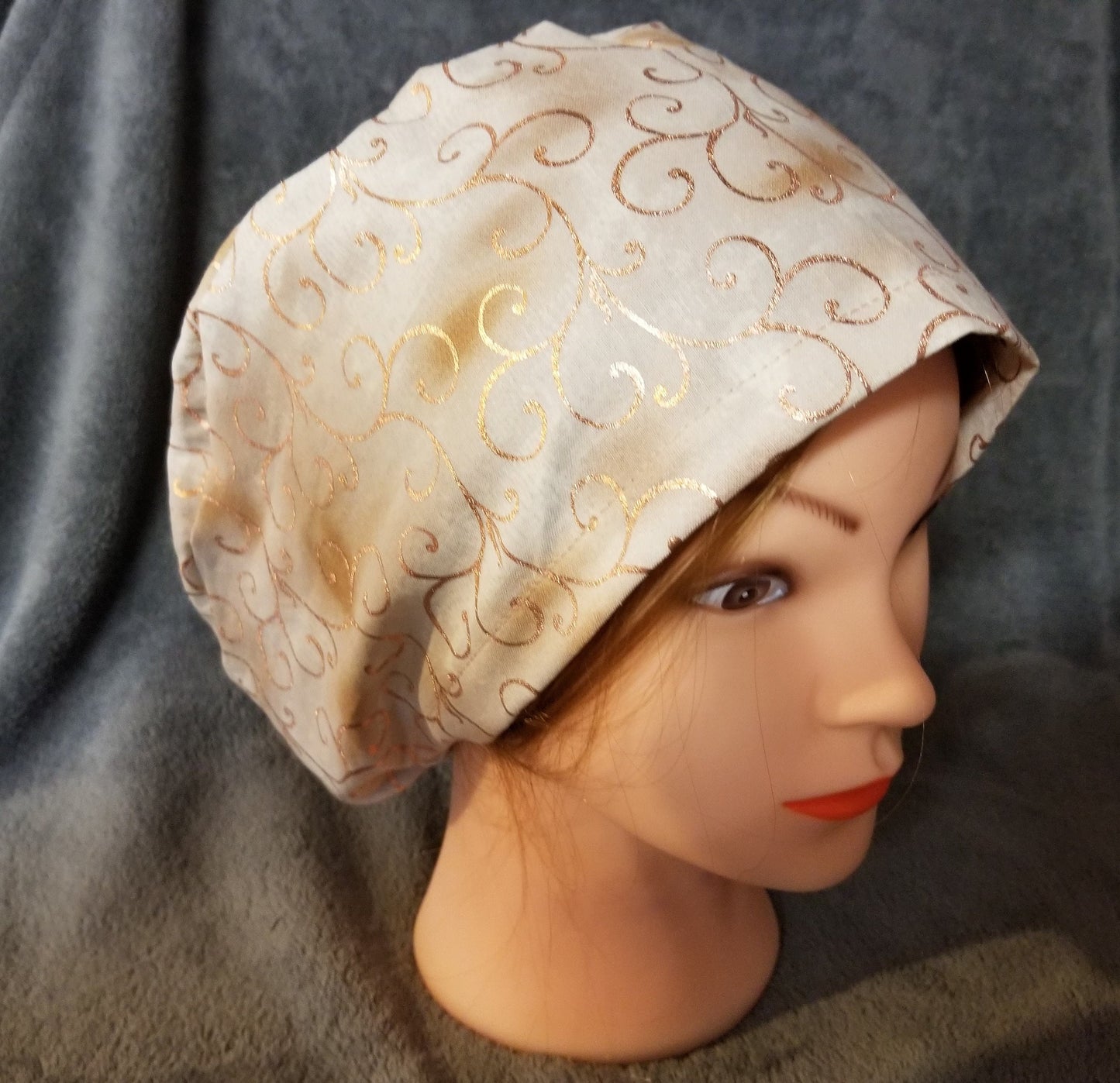Beige Background with Copper Swirls Pixie Style Scrub Cap, Euro style scrub cap
