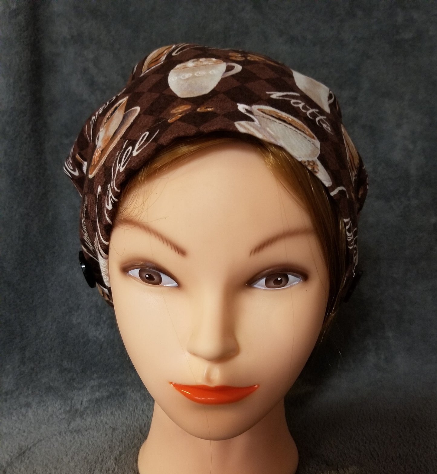 Coffee Java Print on Brown Background Pixie Style Scrub Cap, Euro style scrub cap