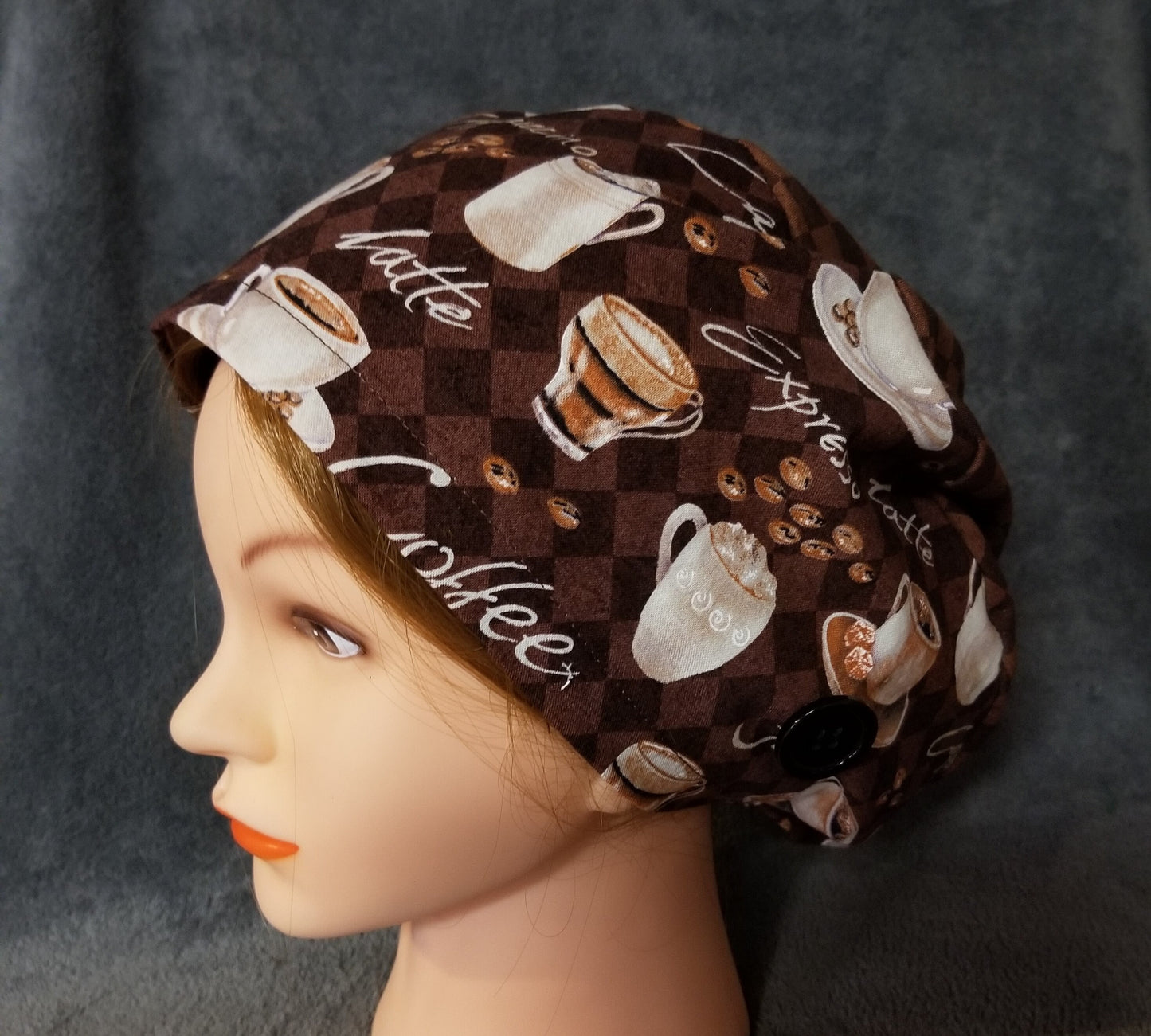Coffee Java Print on Brown Background Pixie Style Scrub Cap, Euro style scrub cap