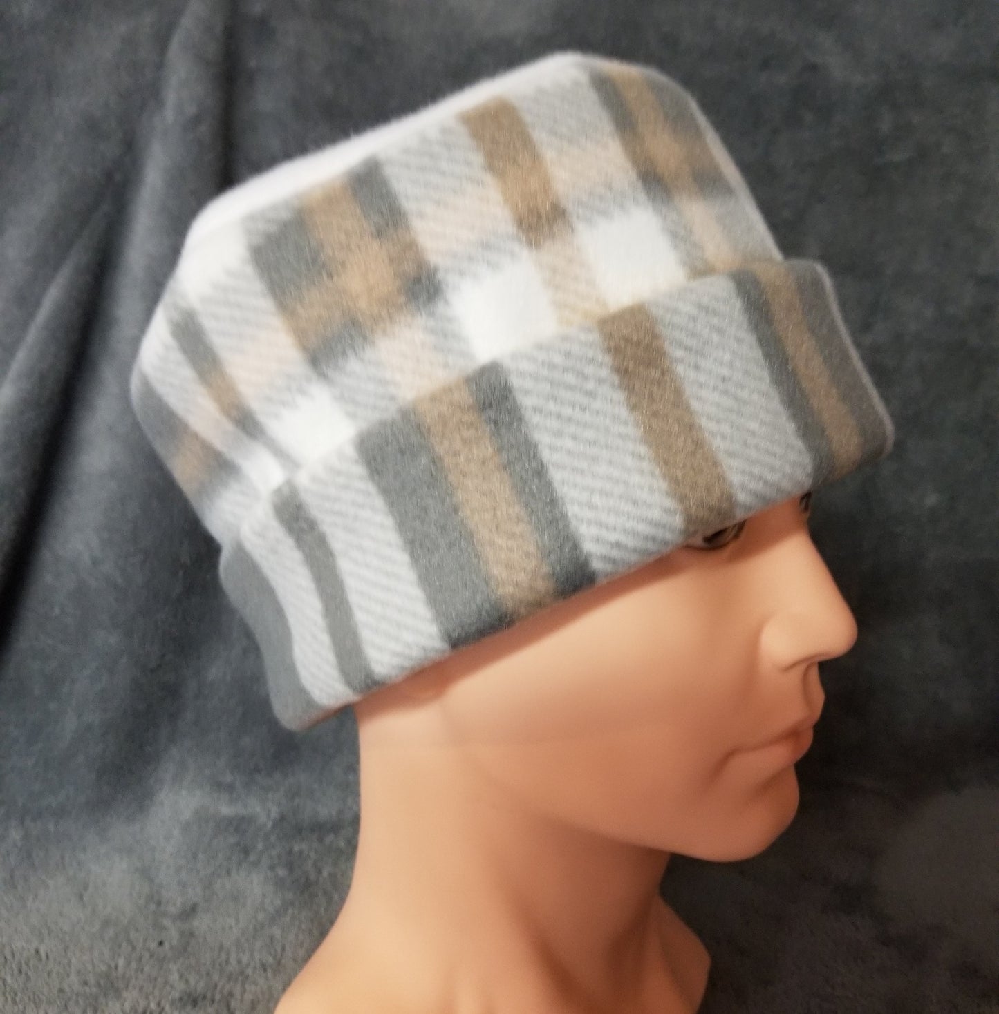 Gray Plaid Fleece Pillbox Hat