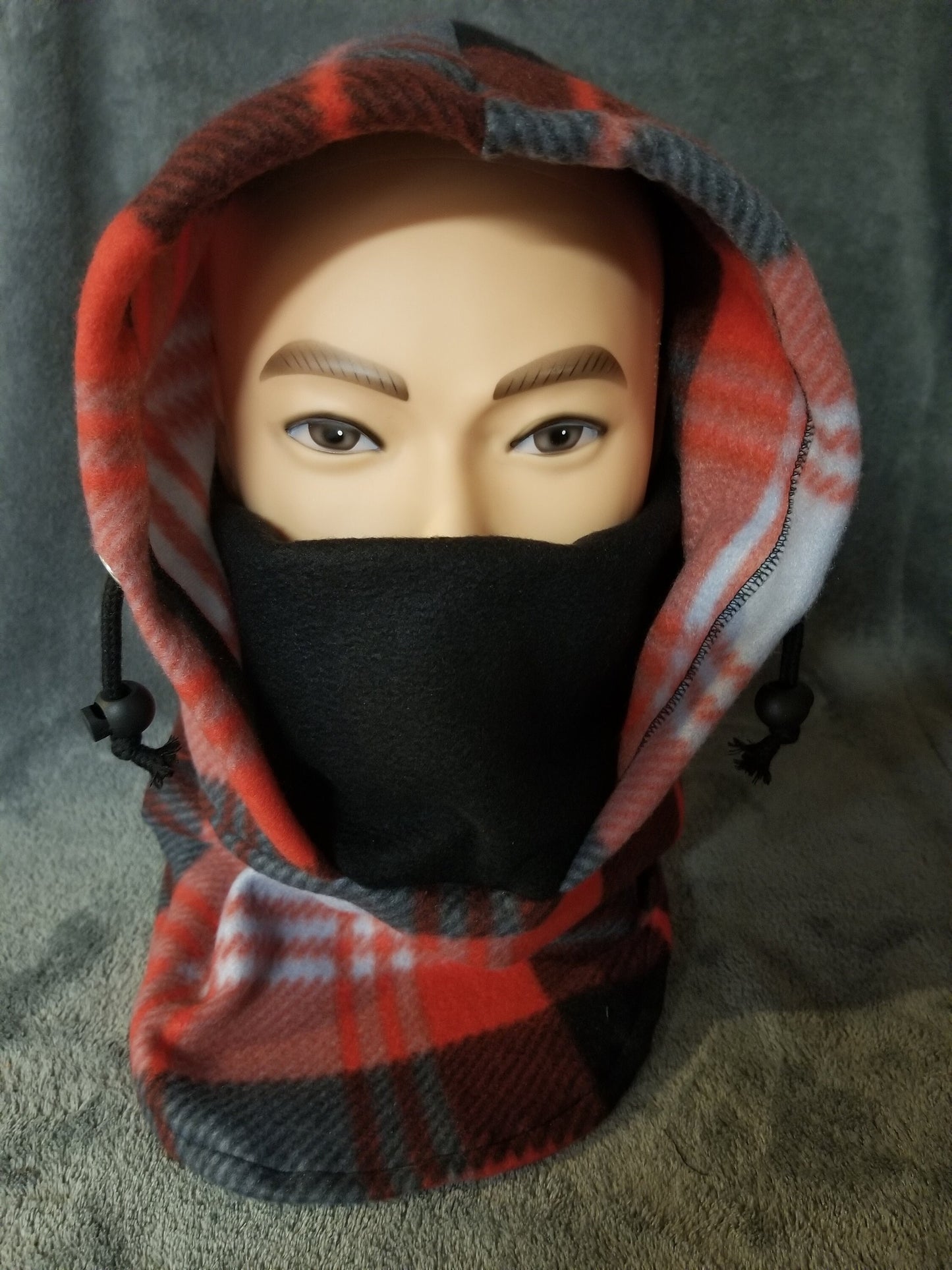 Black and Red Plaid Anti Pill Fleece with Black Mask Ski Helmet Cover