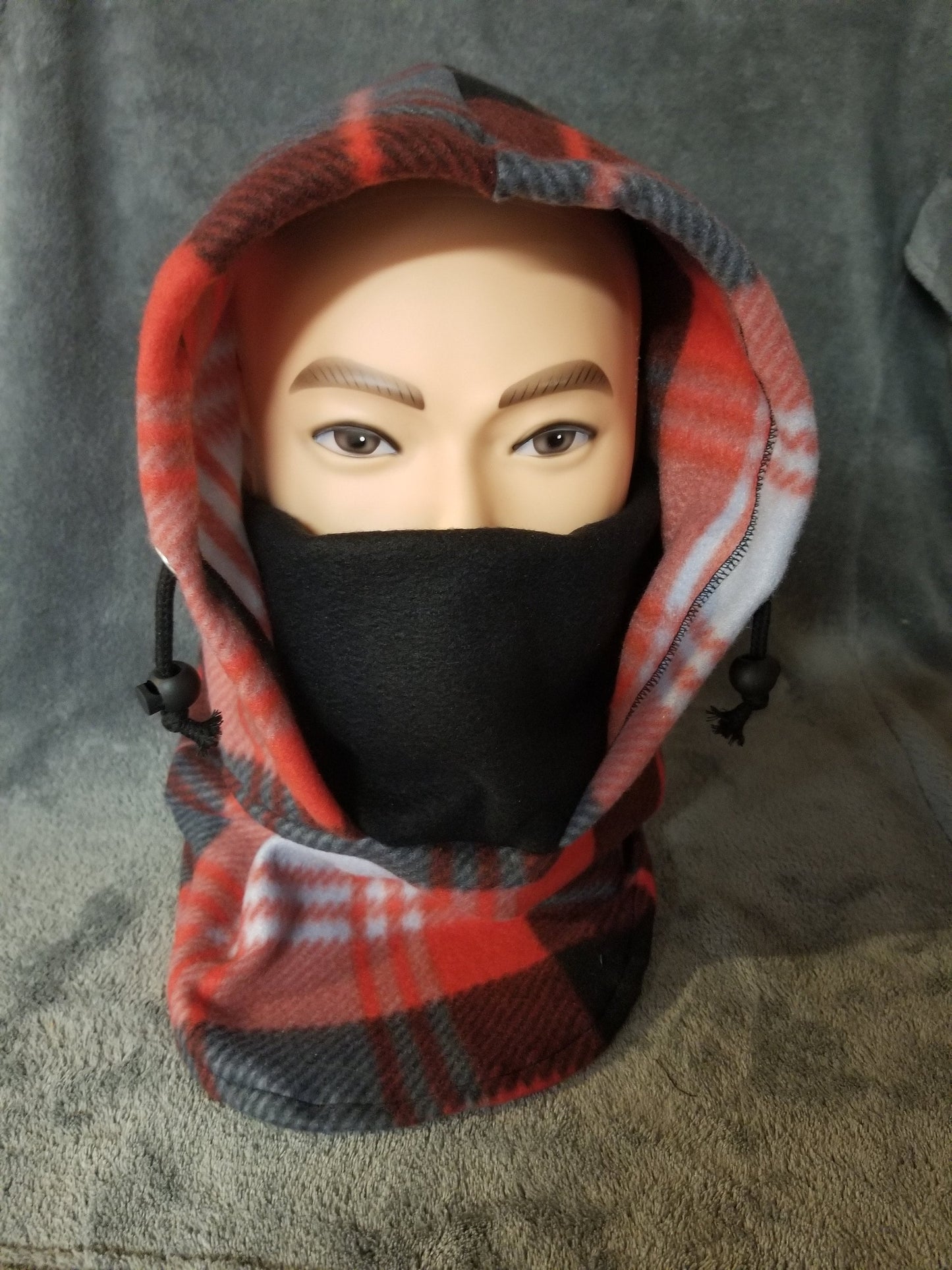 Black and Red Plaid Anti Pill Fleece with Black Mask Ski Helmet Cover