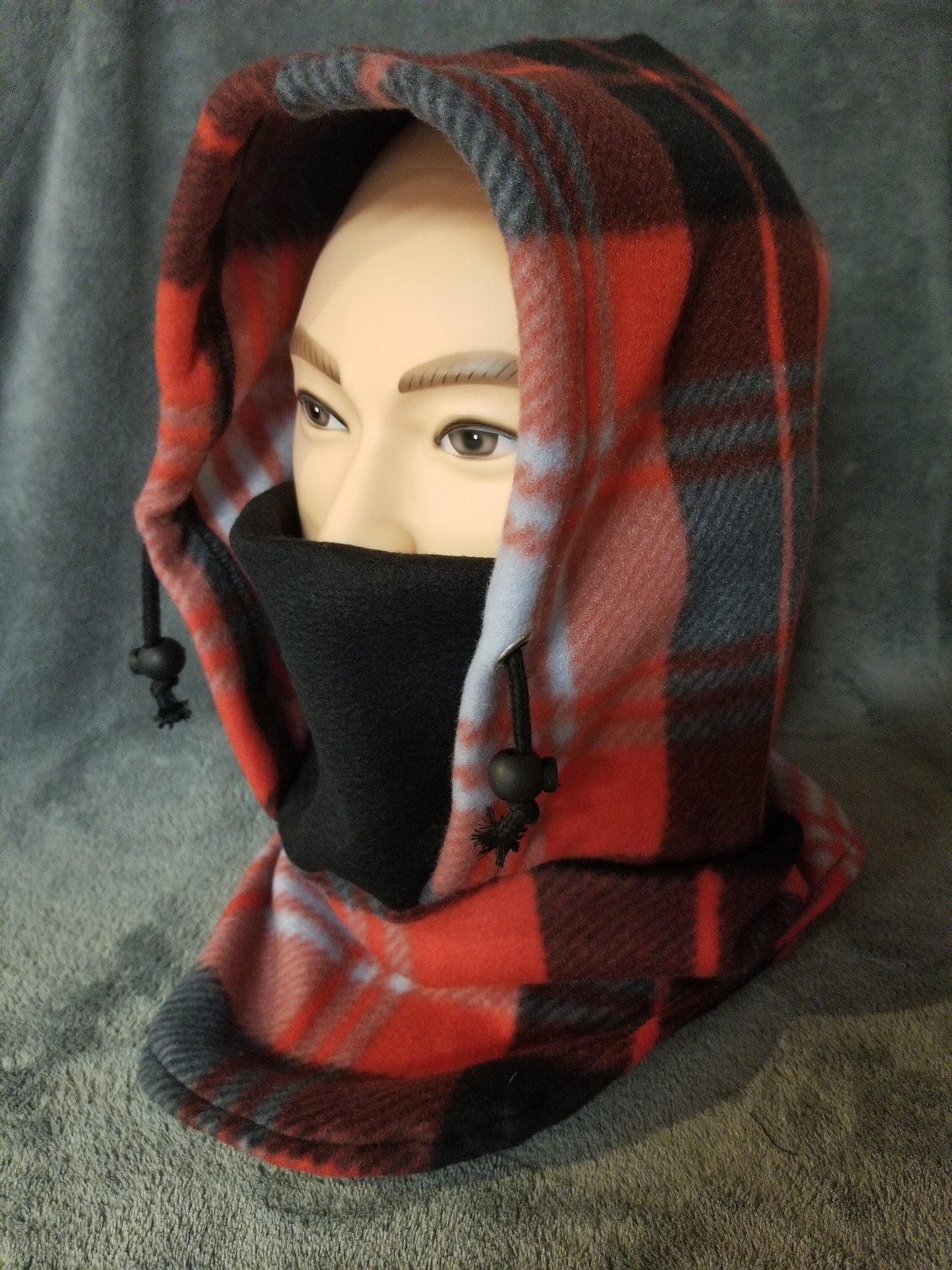 Black and Red Plaid Anti Pill Fleece with Black Mask Ski Helmet Cover