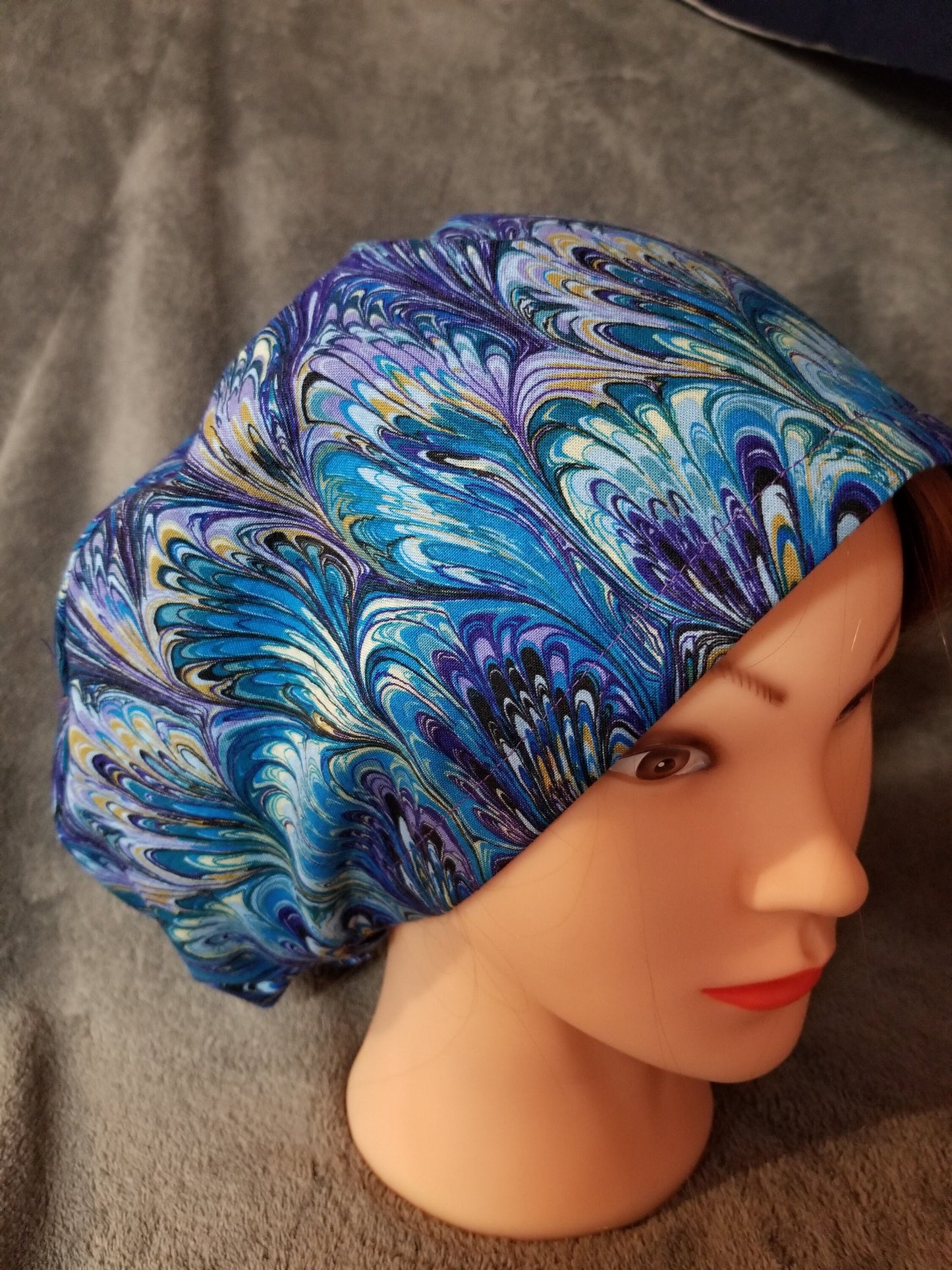 Pixie Style Scrub Cap Purple, Blue Oil Slick Pattern, Euro style scrub cap