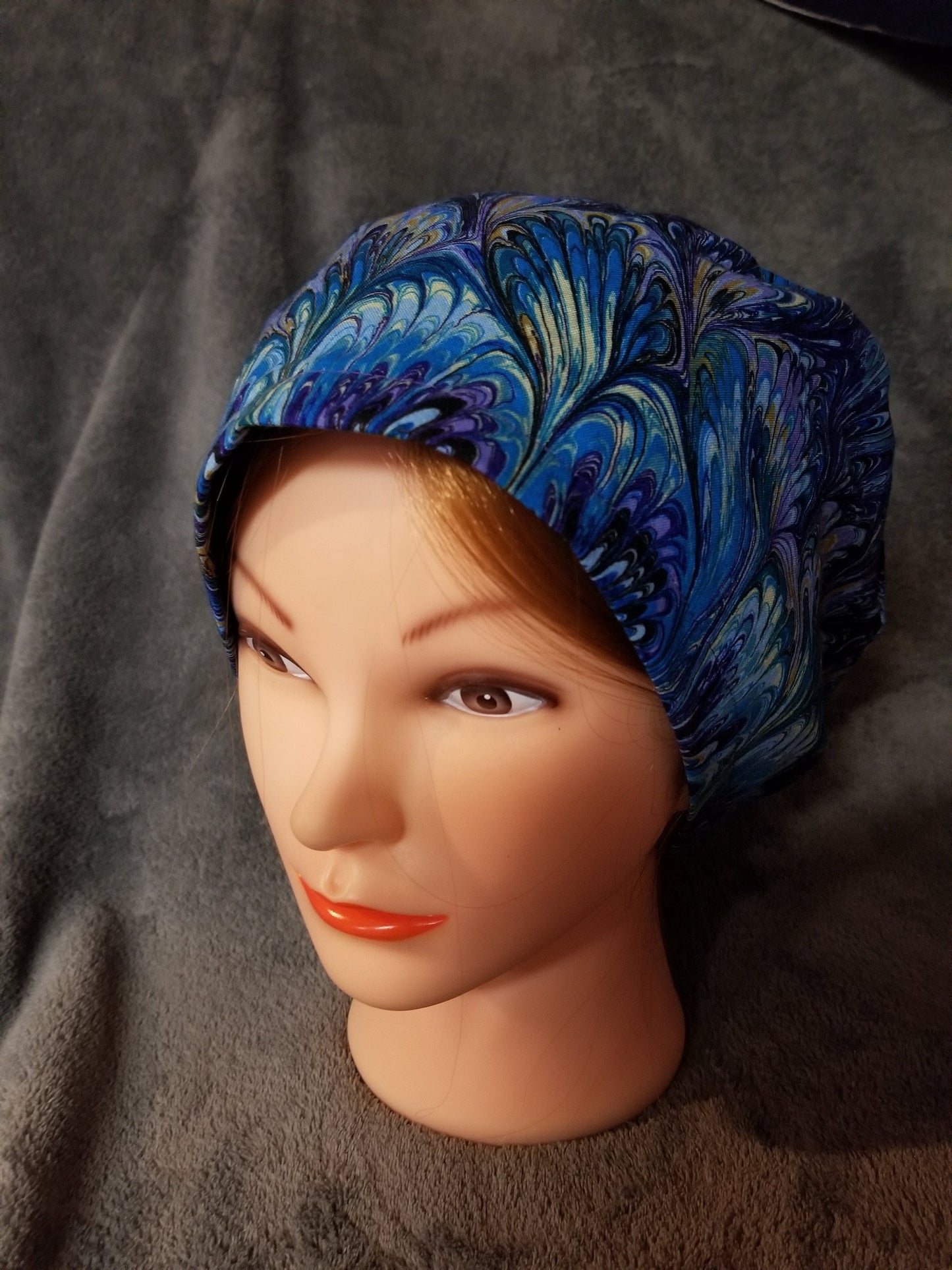 Pixie Style Scrub Cap Purple, Blue Oil Slick Pattern, Euro style scrub cap
