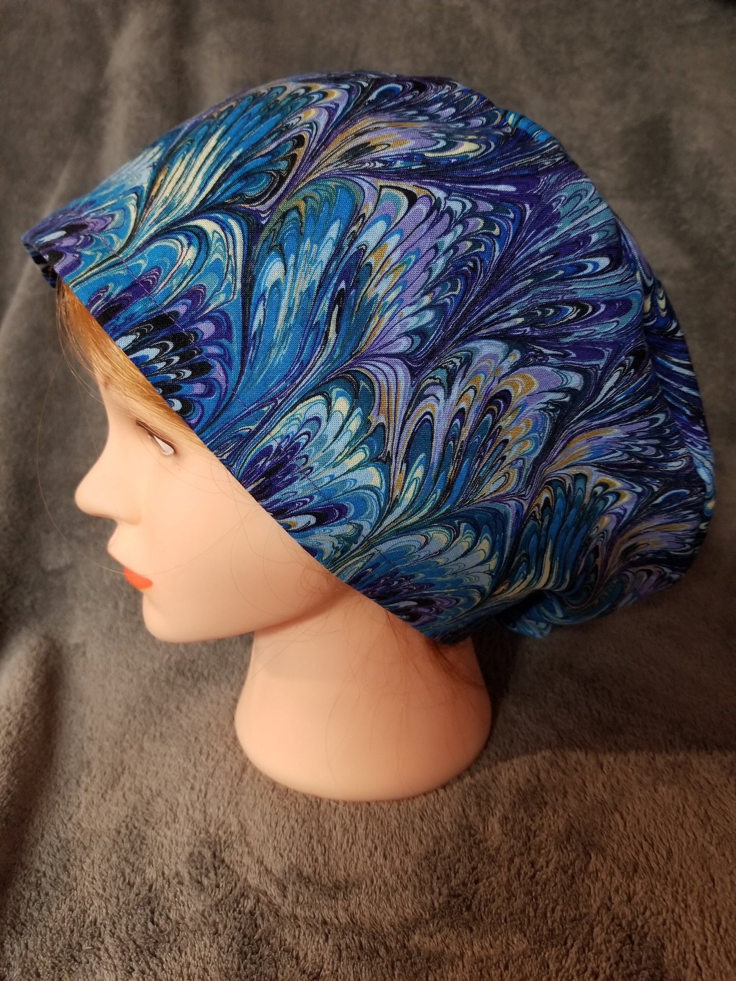Pixie Style Scrub Cap Purple, Blue Oil Slick Pattern, Euro style scrub cap