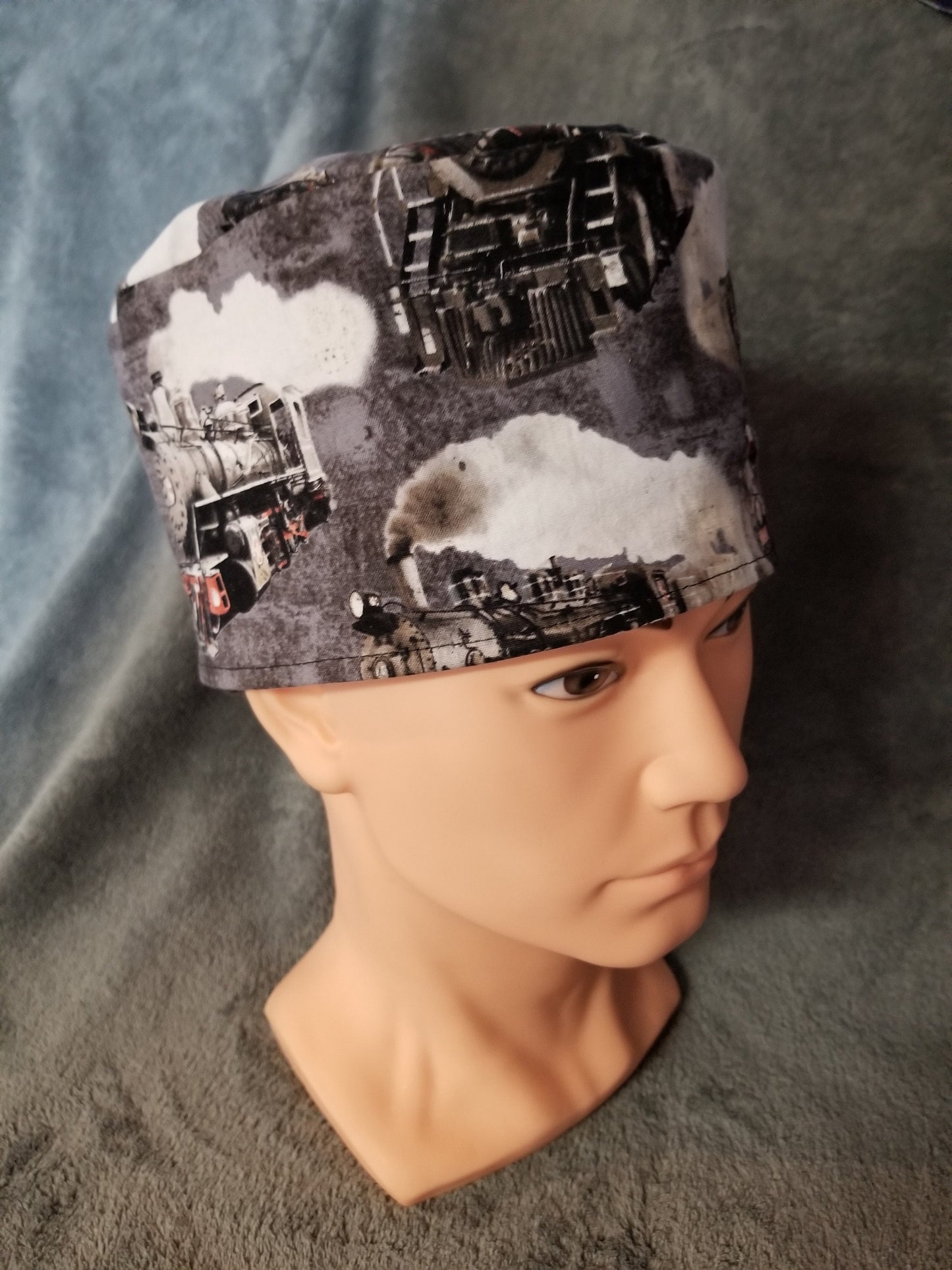Steam Engine Train Print LARGE Scrub Cap same top with hook and loop fasteners ready to ship.