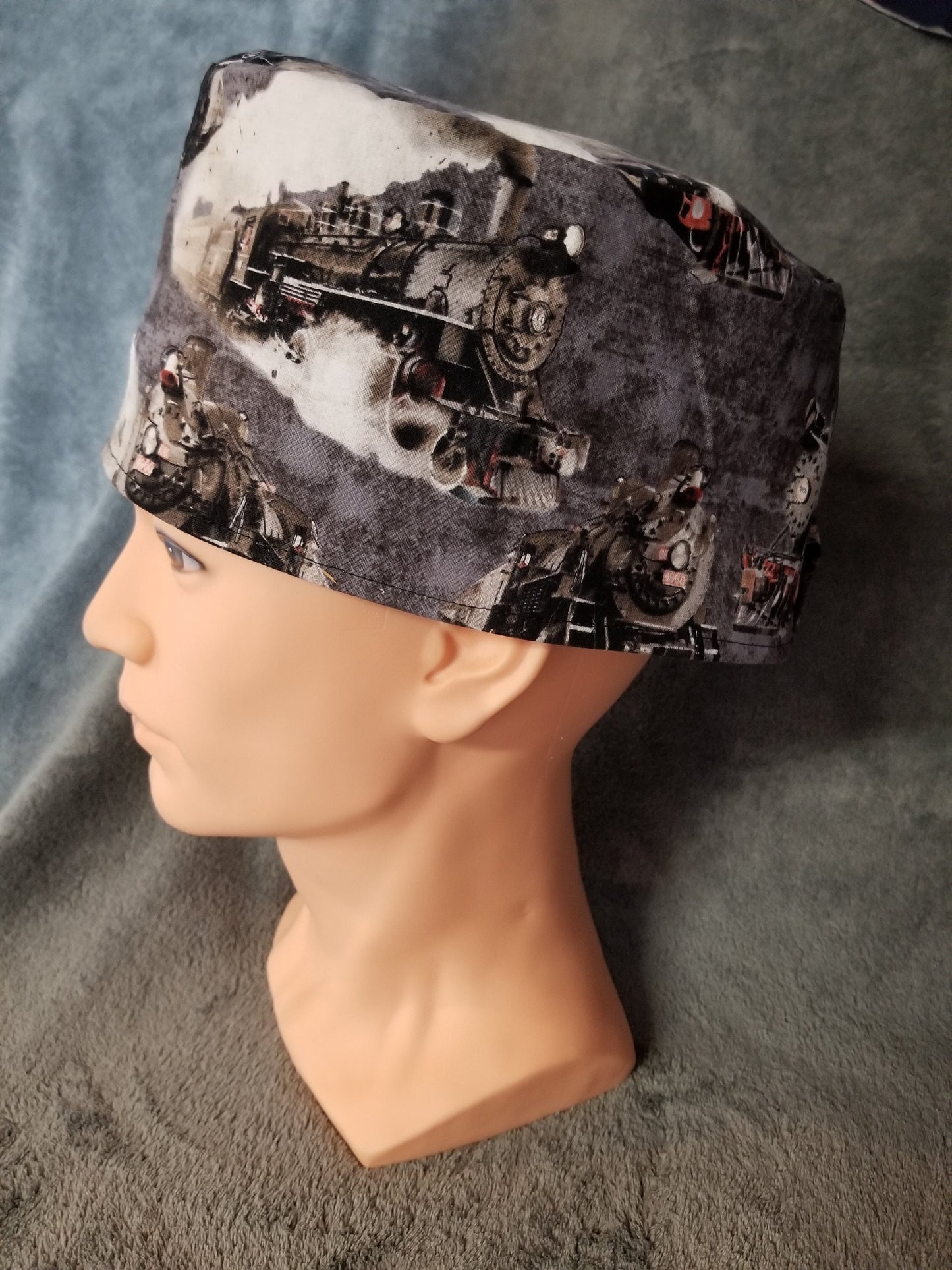 Steam Engine Train Print LARGE Scrub Cap same top with hook and loop fasteners ready to ship.