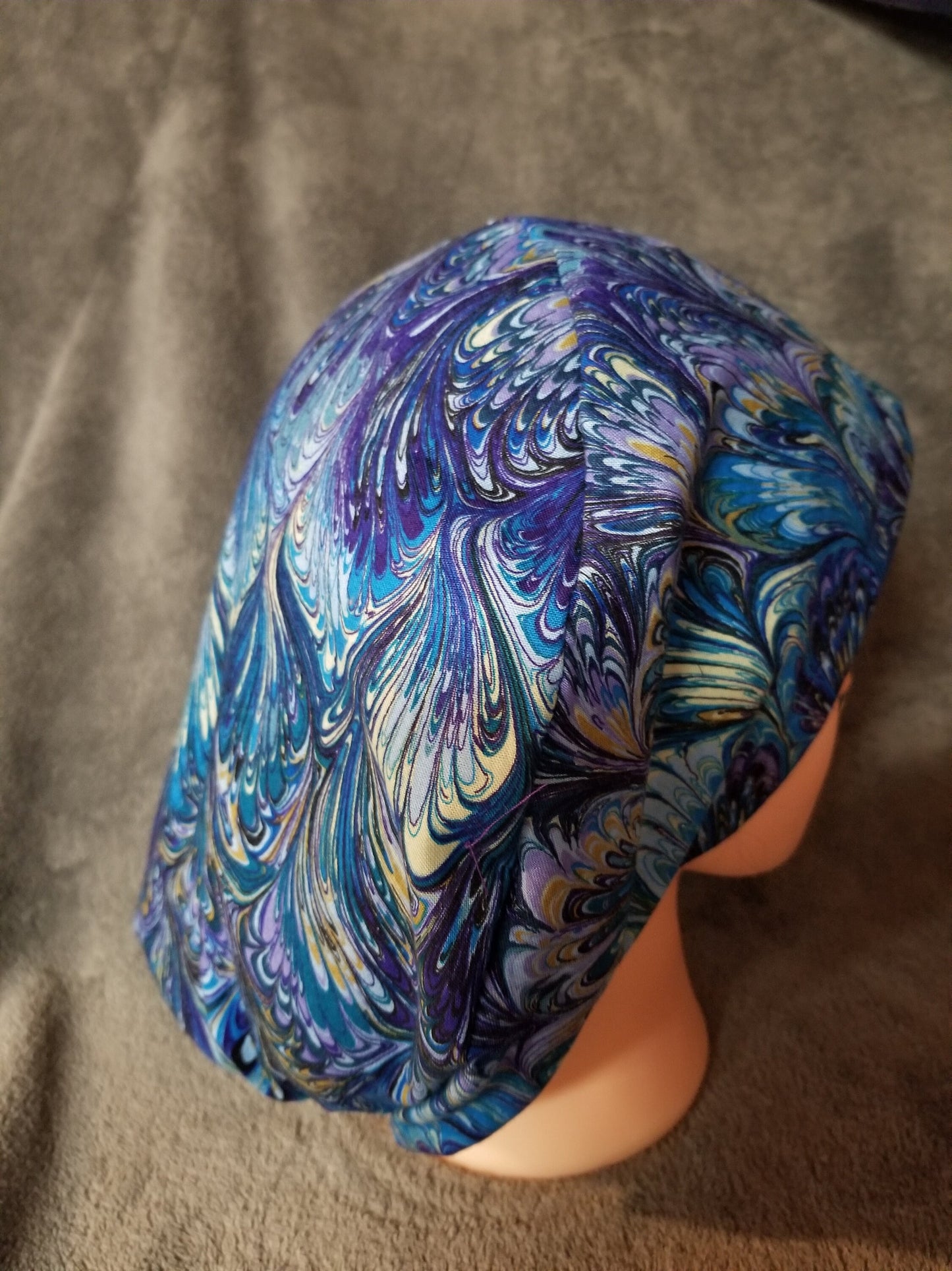 Pixie Style Scrub Cap Purple, Blue Oil Slick Pattern, Euro style scrub cap