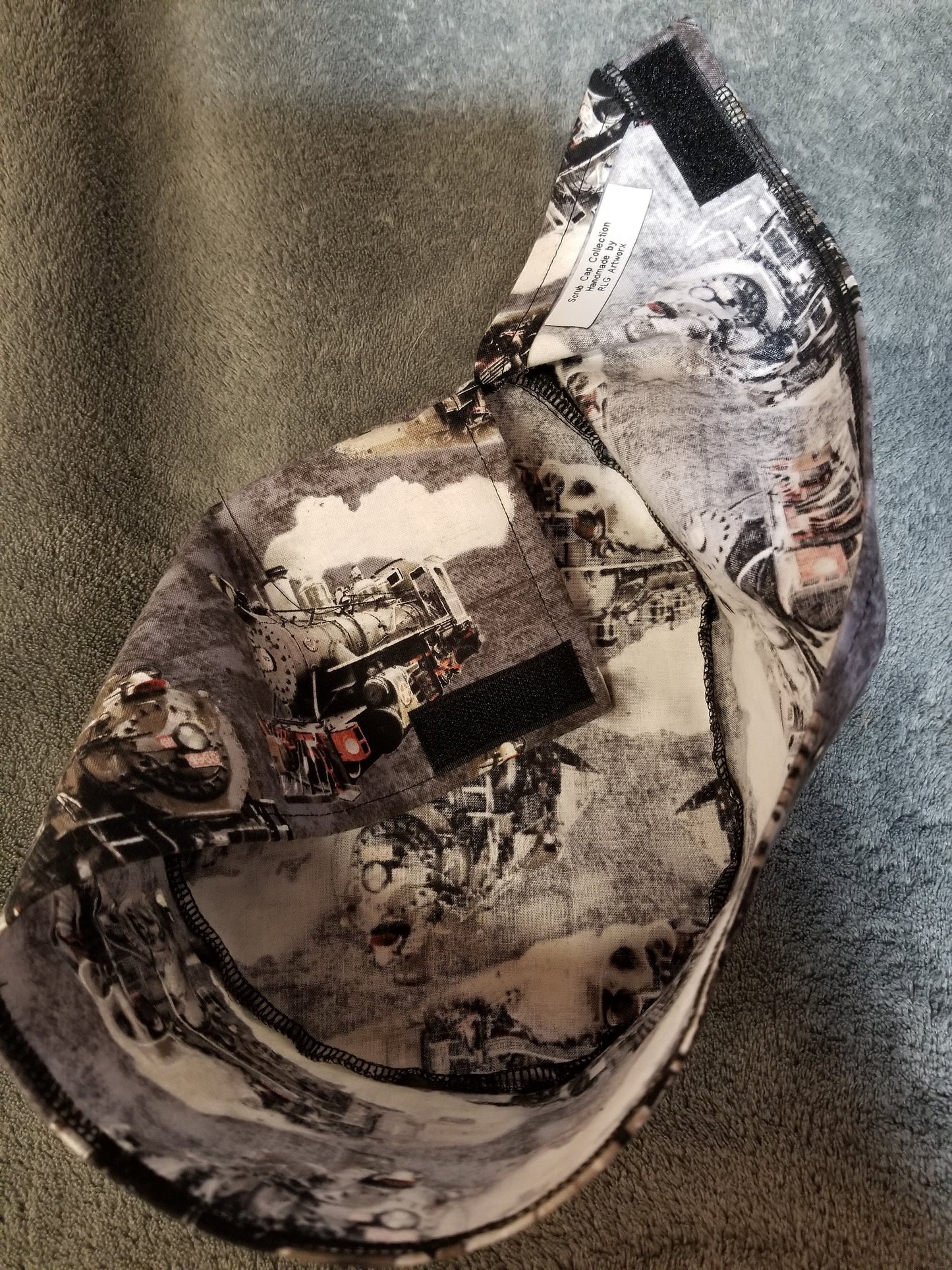 Steam Engine Train Print LARGE Scrub Cap same top with hook and loop fasteners ready to ship.