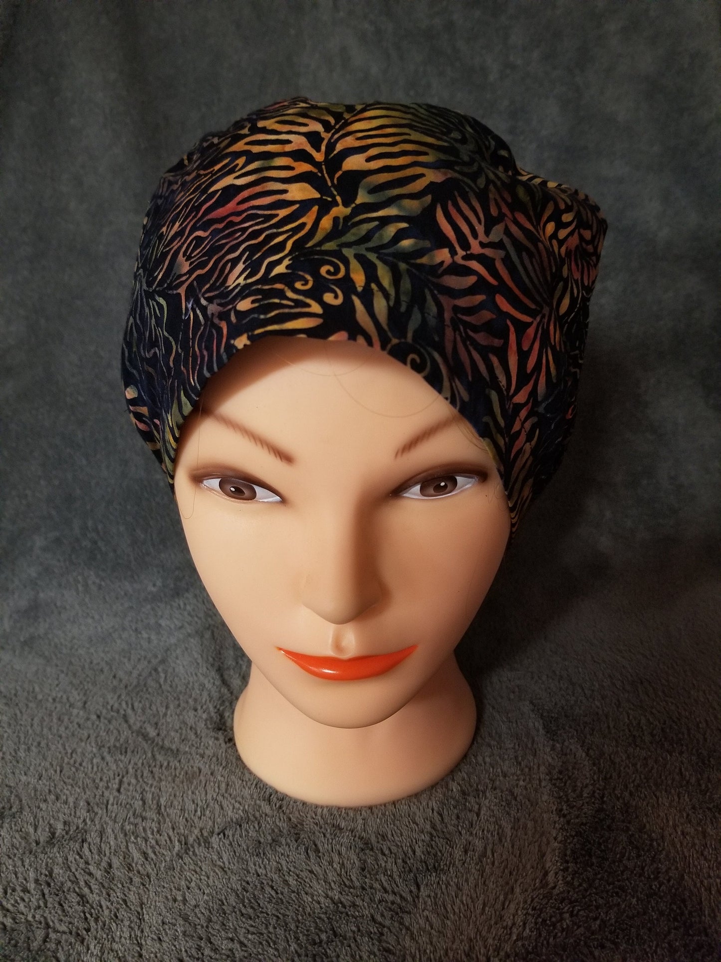 Colorful Leaves Print Batik Pixie Style Scrub Caps, Euro style scrub cap
