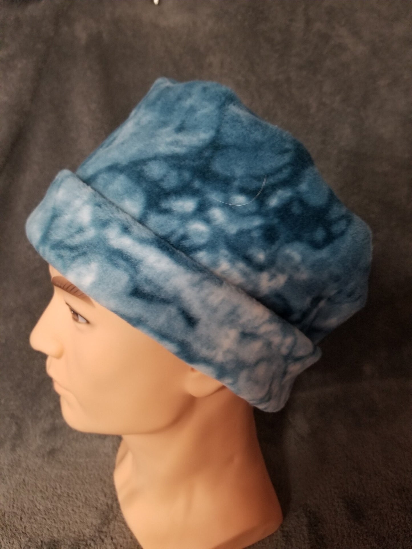 Teal Marble Fleece Pillbox Hat, Fleece Hat, Adult Pillbox Winter Fleece Hat, Unisex Fleece Hat, Warm Hat, Chemo Hat, Ready to Ship