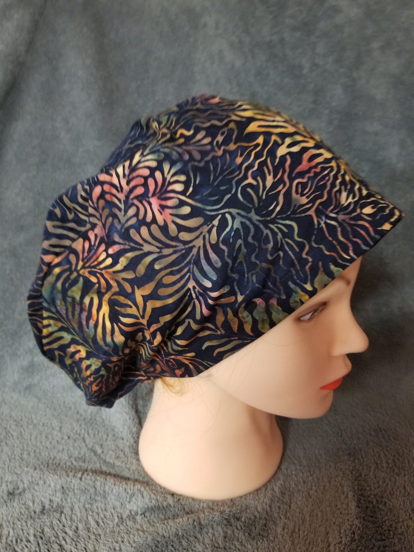 Colorful Leaves Print Batik Pixie Style Scrub Caps, Euro style scrub cap