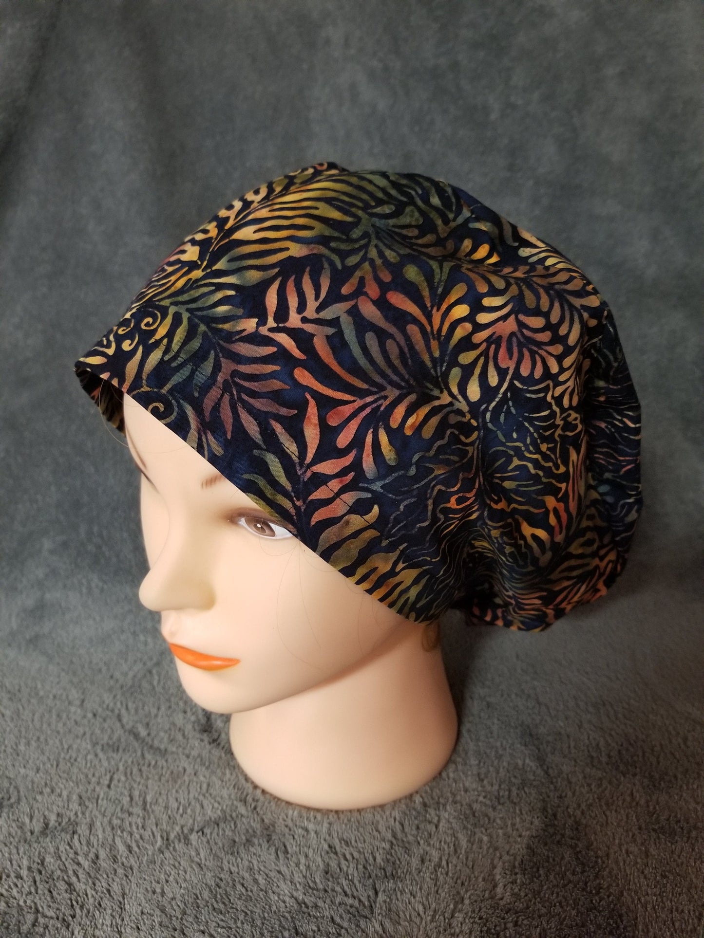 Colorful Leaves Print Batik Pixie Style Scrub Caps, Euro style scrub cap