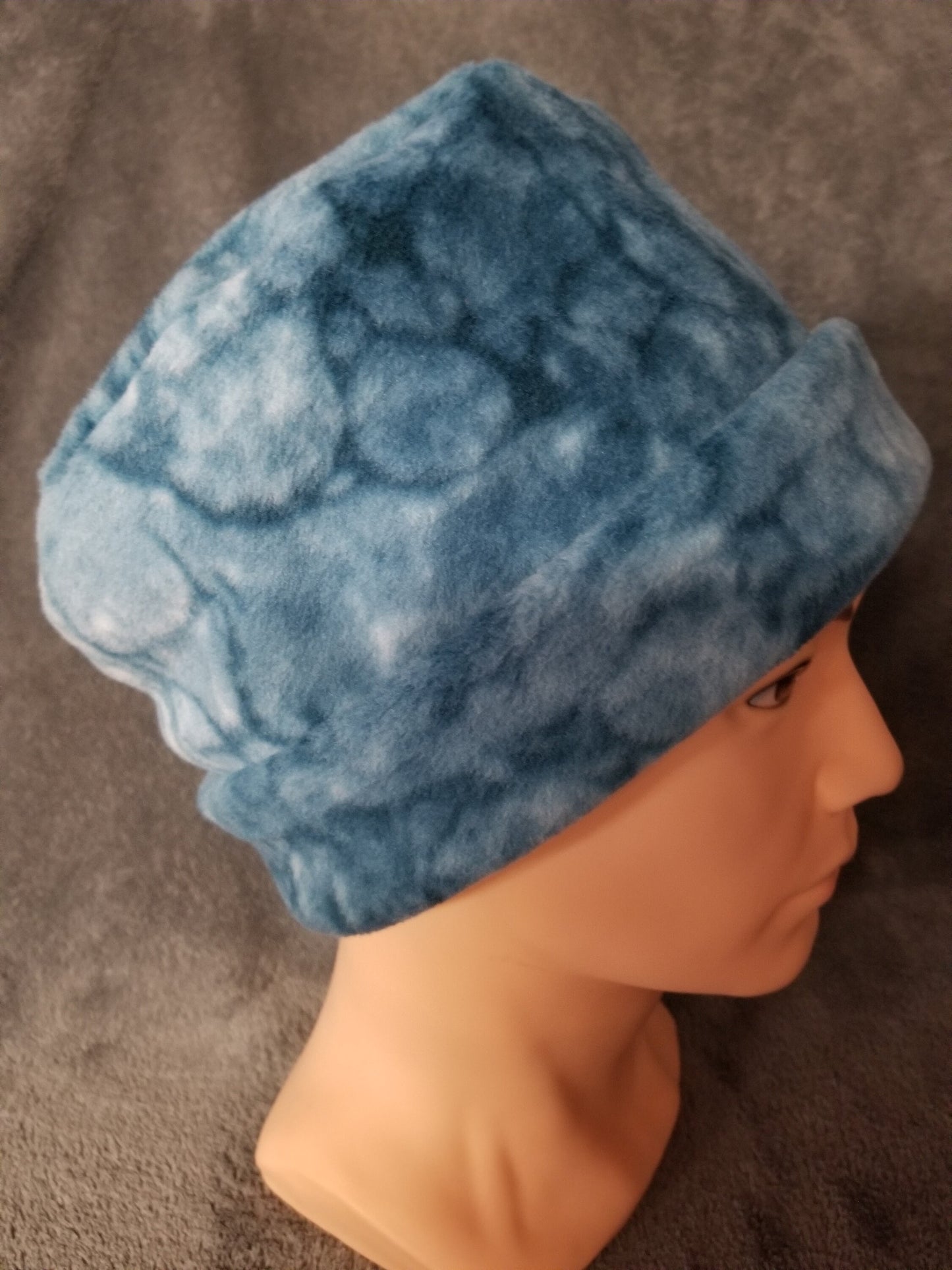 Teal Marble Fleece Pillbox Hat, Fleece Hat, Adult Pillbox Winter Fleece Hat, Unisex Fleece Hat, Warm Hat, Chemo Hat, Ready to Ship