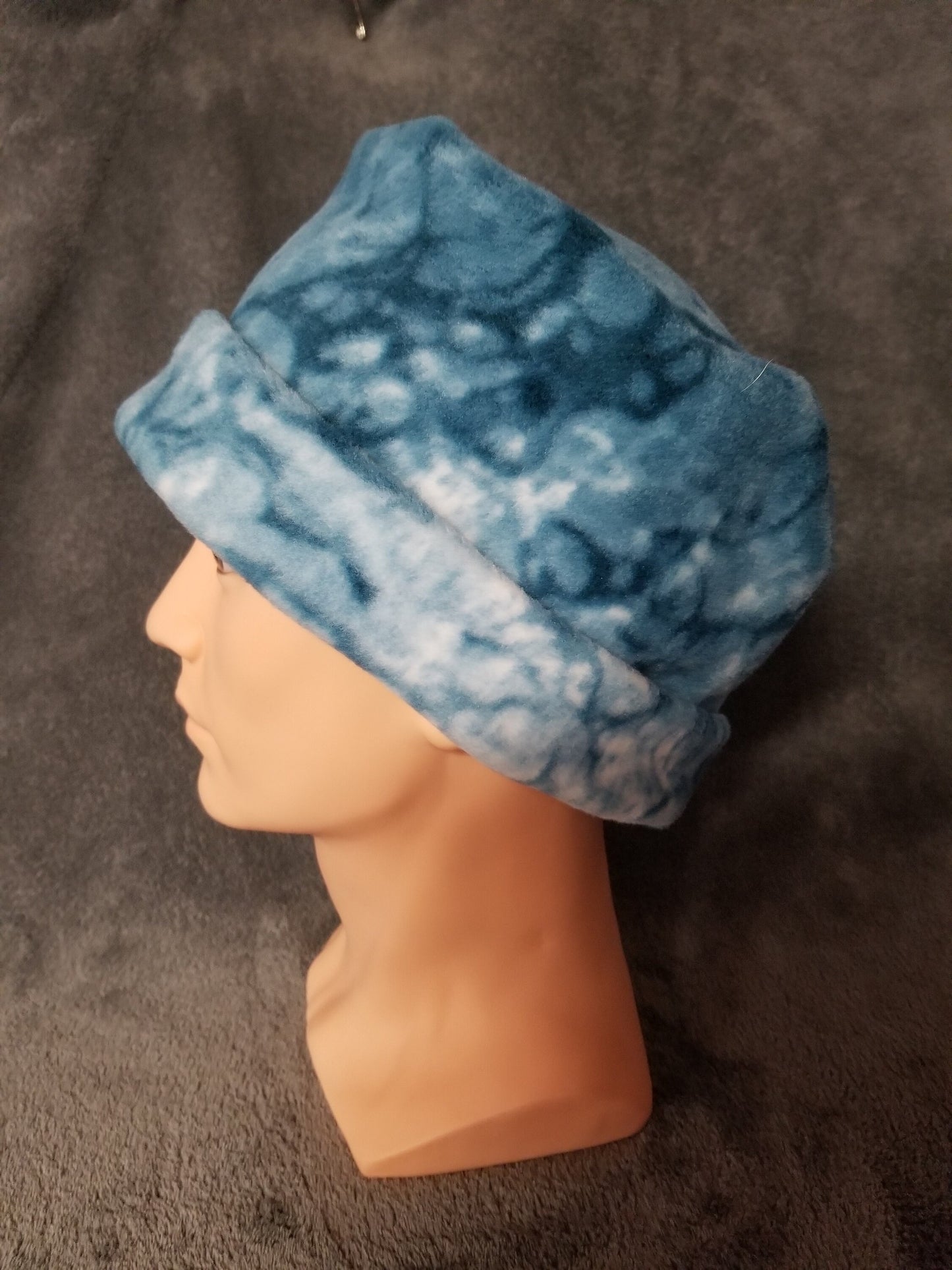 Teal Marble Fleece Pillbox Hat, Fleece Hat, Adult Pillbox Winter Fleece Hat, Unisex Fleece Hat, Warm Hat, Chemo Hat, Ready to Ship