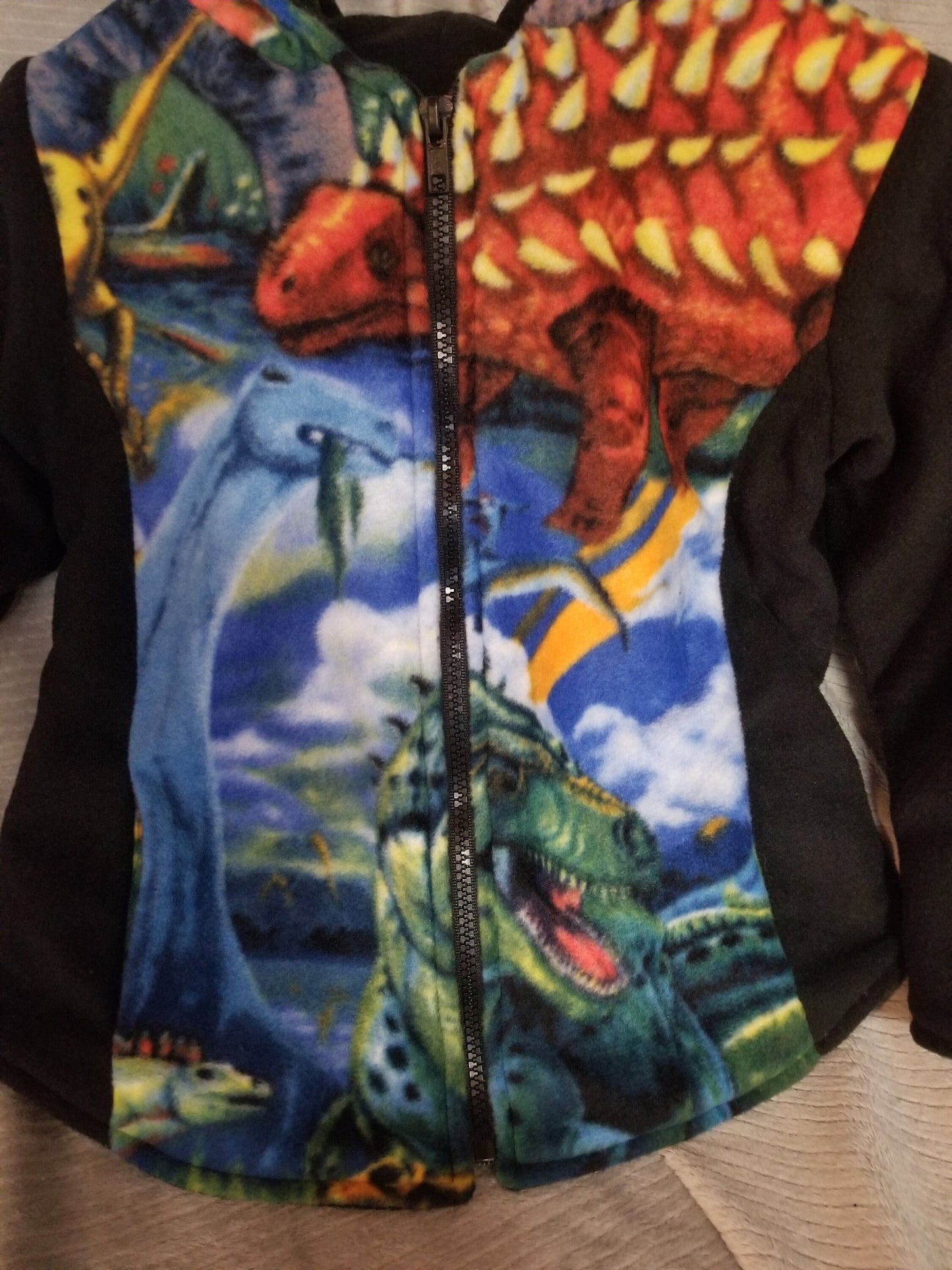 Dinosaur Print Anti Pill Fleece Hooded Jacket with Black Anti Pill Fleece Lining Size 5, Warm Hooded Fleece Jacket with Pockets