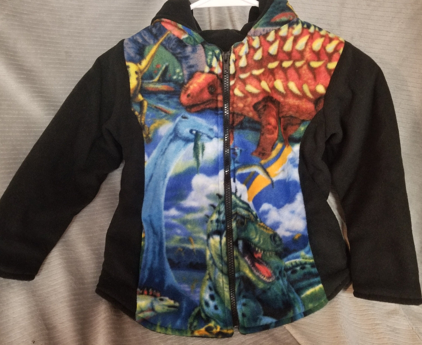 Dinosaur Print Anti Pill Fleece Hooded Jacket with Black Anti Pill Fleece Lining Size 5, Warm Hooded Fleece Jacket with Pockets