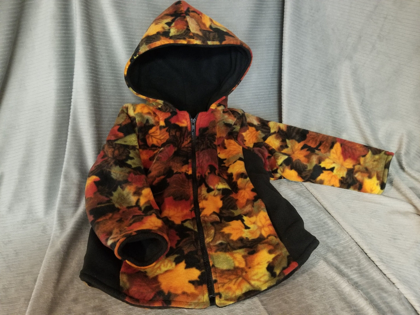 Fall Leaves Print Anti Pill Fleece Hooded Jacket with Black Anti Pill Fleece Lining Size 5, Warm Hooded Fleece Jacket with Pockets