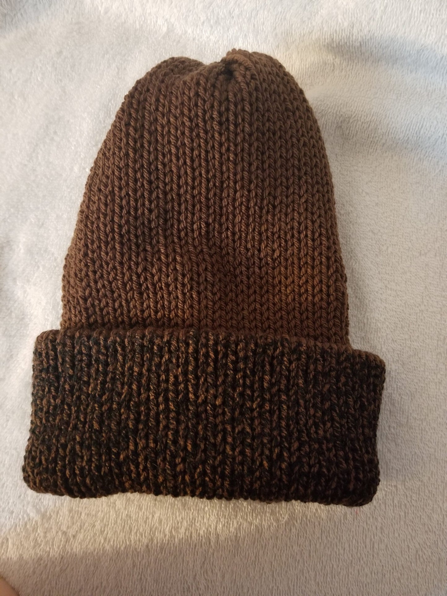 Knit Beanie, Knit Winter Hat, Handmade Winter Hat, Handmade Winter Beanie, Reversible Beanie Mahogany Singe Print and Brown Yarn