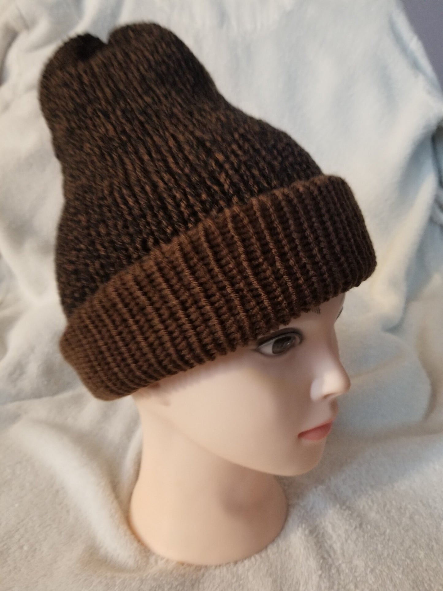 Knit Beanie, Knit Winter Hat, Handmade Winter Hat, Handmade Winter Beanie, Reversible Beanie Mahogany Singe Print and Brown Yarn