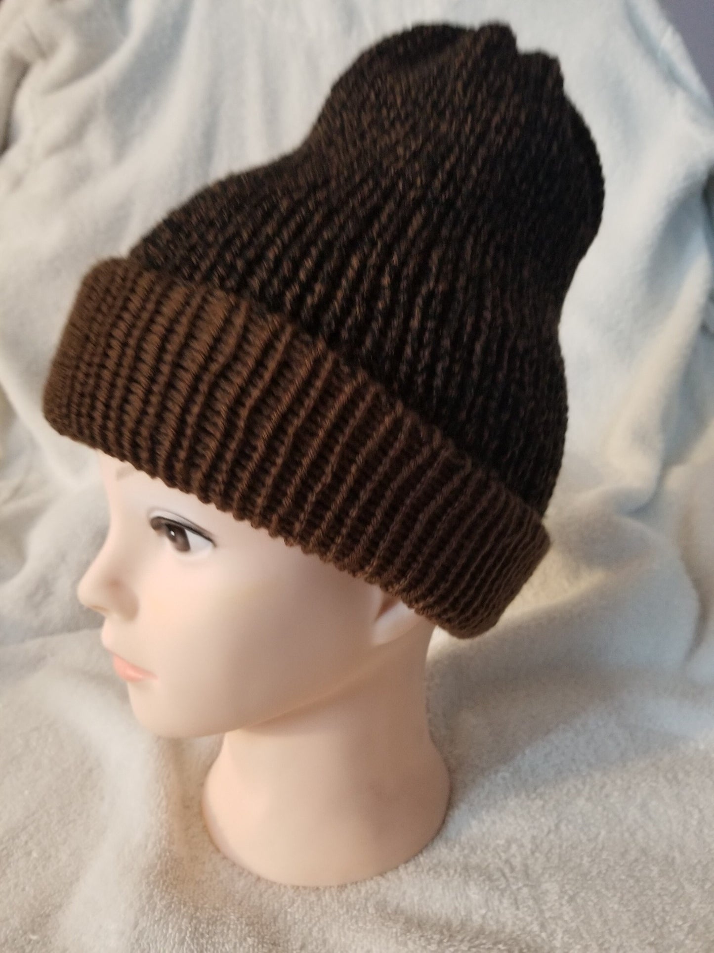 Knit Beanie, Knit Winter Hat, Handmade Winter Hat, Handmade Winter Beanie, Reversible Beanie Mahogany Singe Print and Brown Yarn