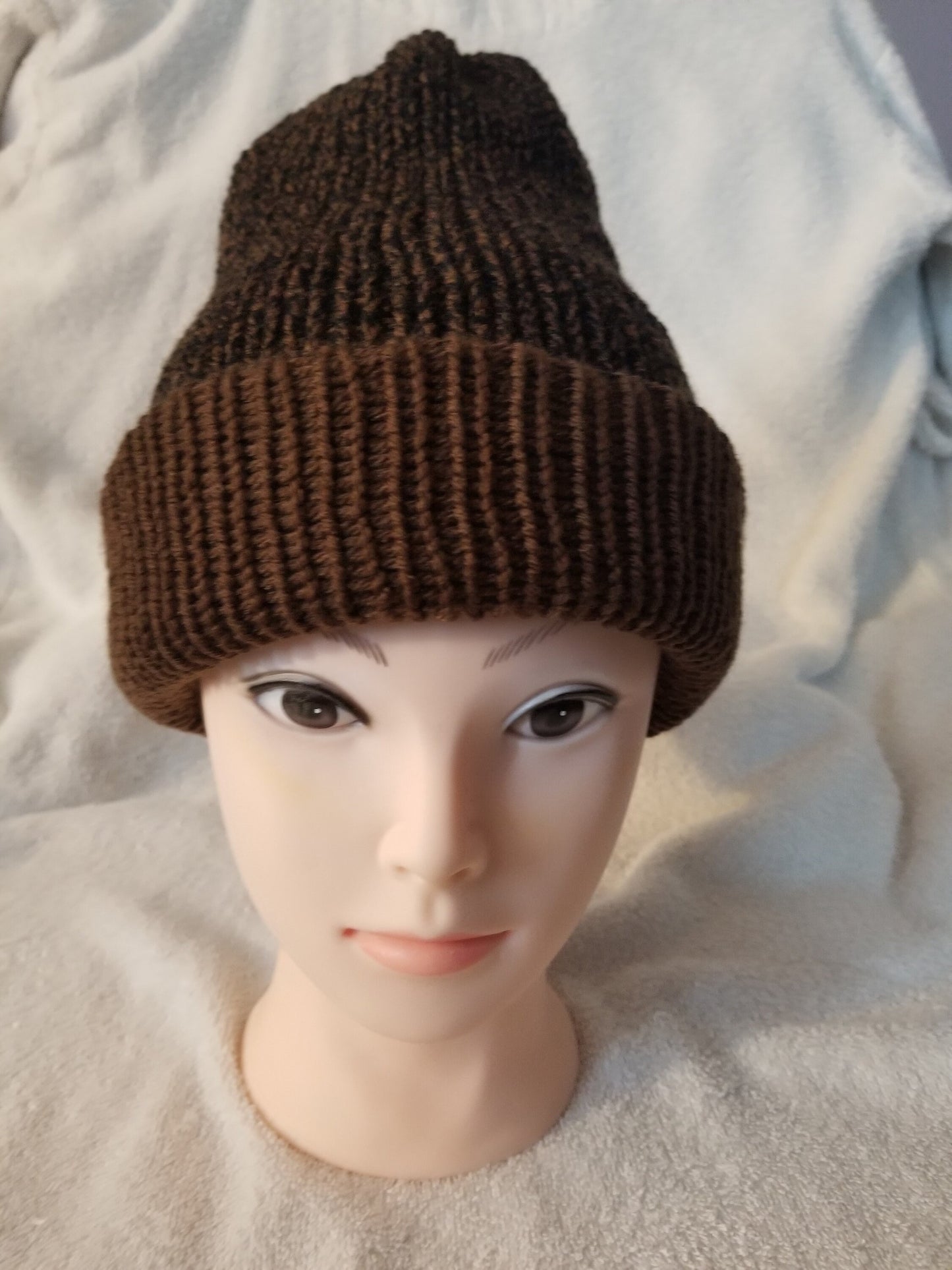 Knit Beanie, Knit Winter Hat, Handmade Winter Hat, Handmade Winter Beanie, Reversible Beanie Mahogany Singe Print and Brown Yarn