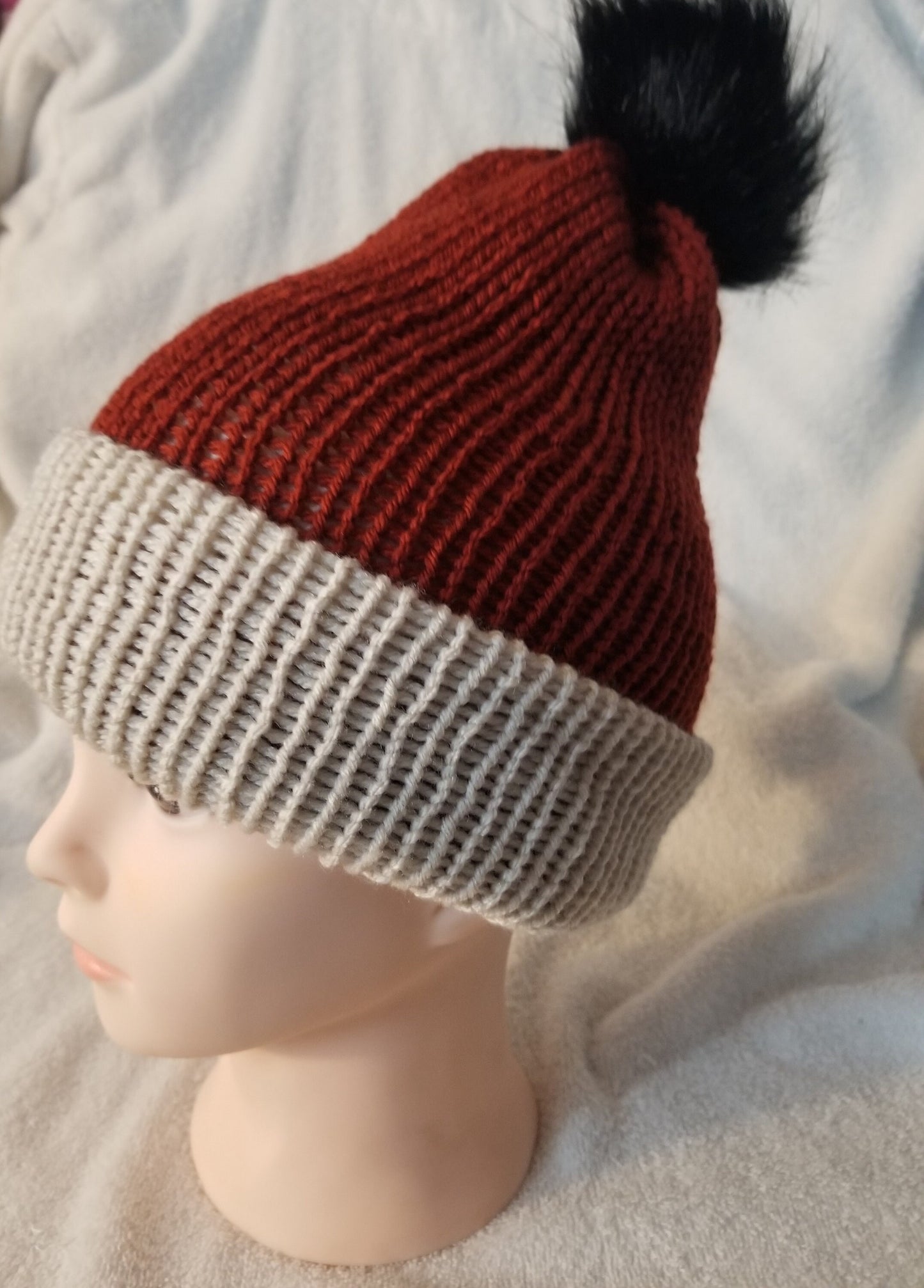 Knit Beanie, Knit Winter Hat, Handmade Winter Hat, Handmade Winter Beanie, Terra Cotta and Linen Beanie with Pom Pom