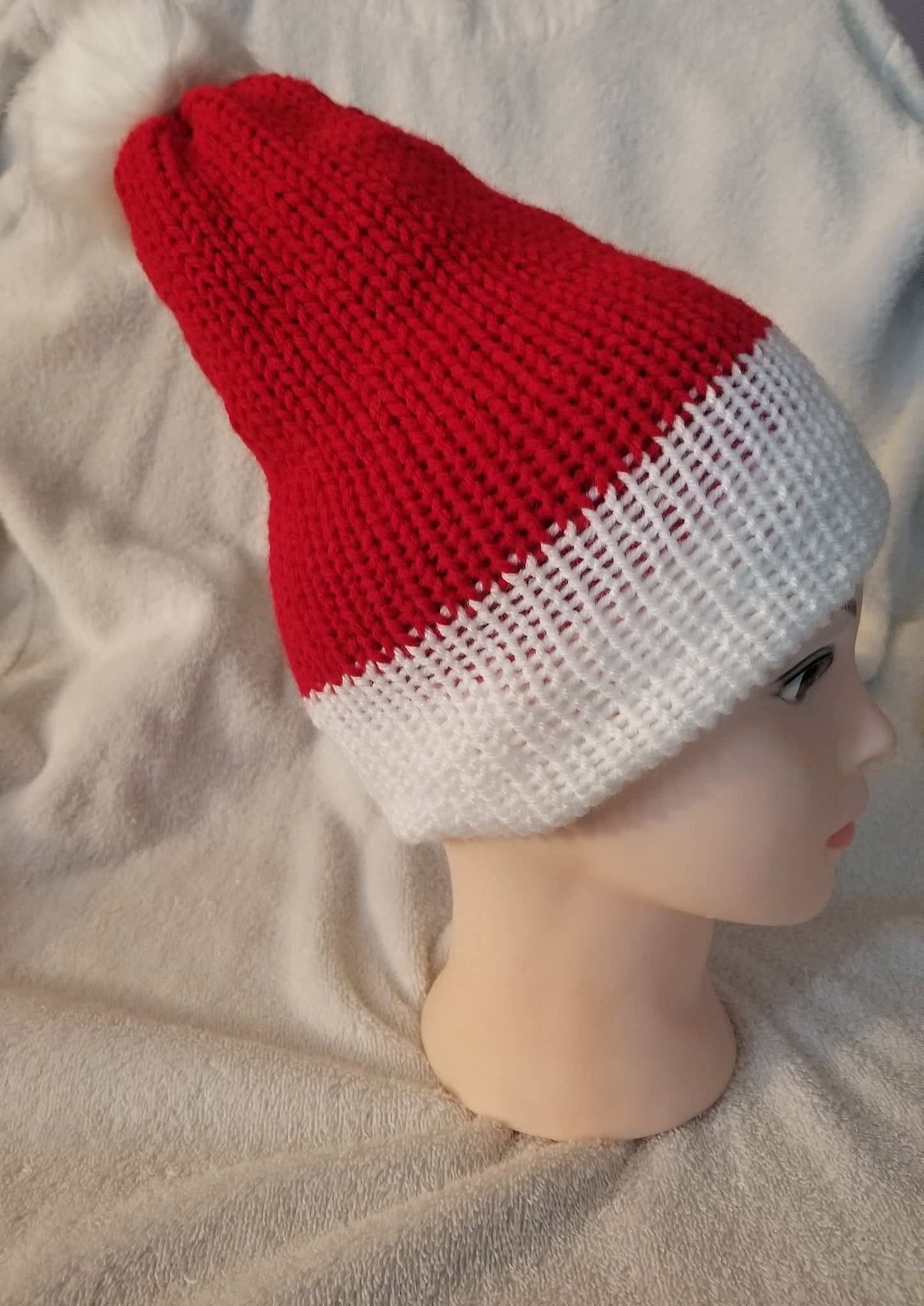Knit Beanie, Knit Winter Hat, Handmade Winter Hat, Handmade Winter Beanie, Red and White Beanie with Pom Pom