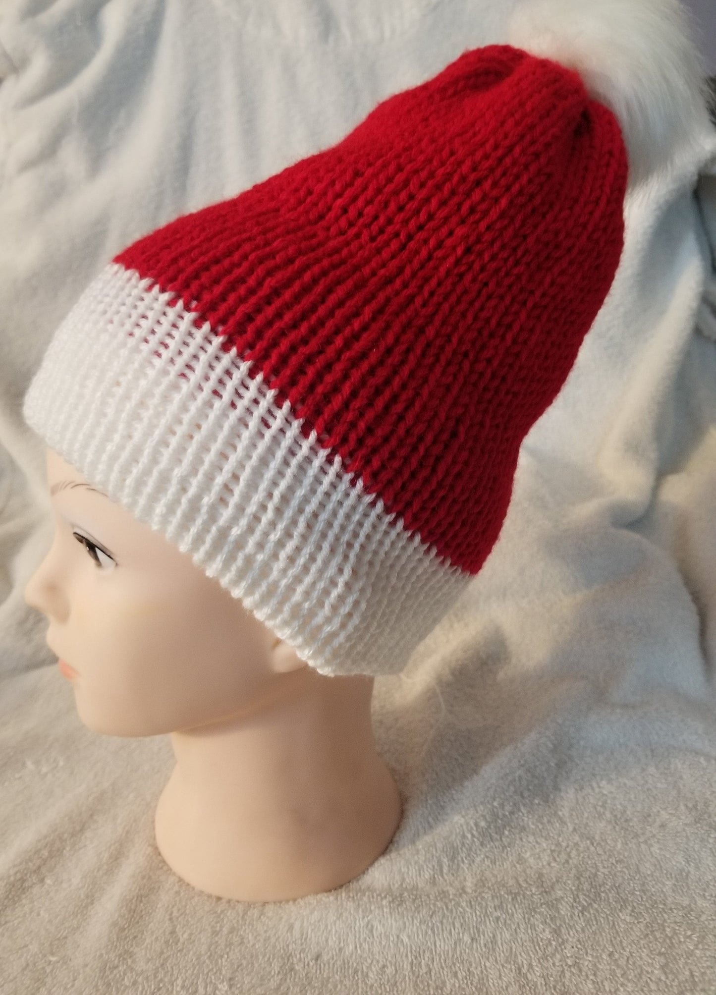 Knit Beanie, Knit Winter Hat, Handmade Winter Hat, Handmade Winter Beanie, Red and White Beanie with Pom Pom