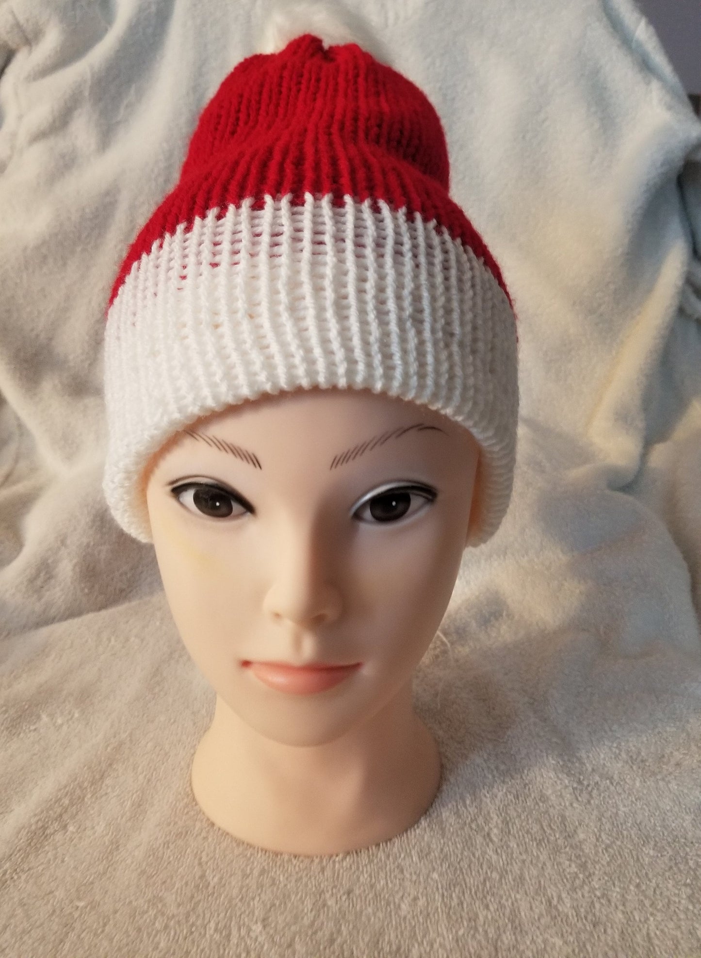 Knit Beanie, Knit Winter Hat, Handmade Winter Hat, Handmade Winter Beanie, Red and White Beanie with Pom Pom