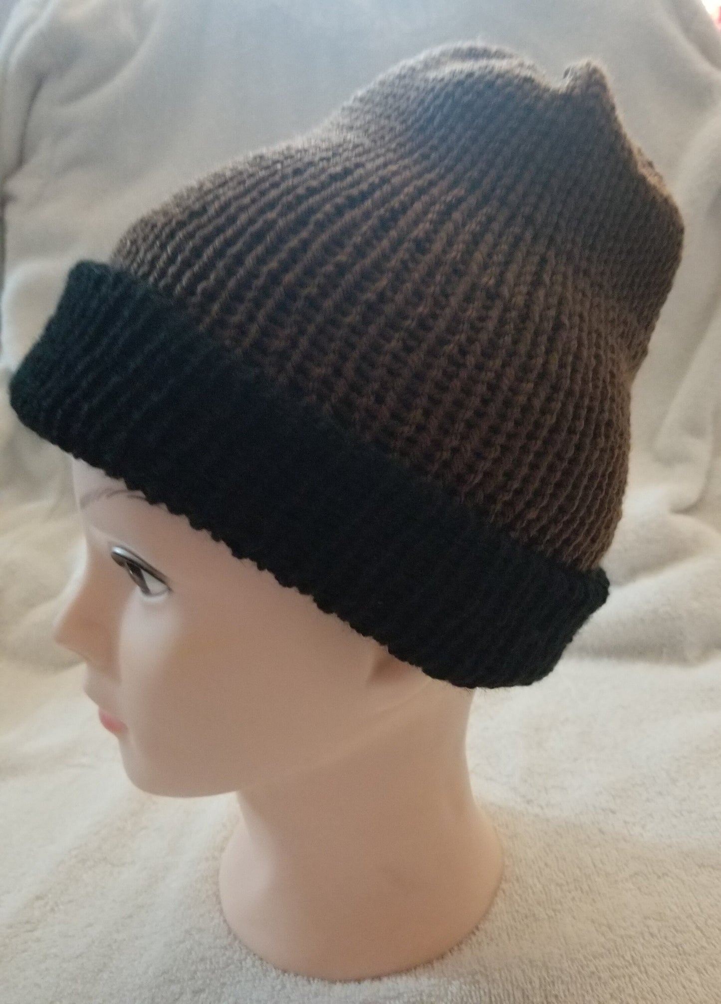 Knit Beanie, Knit Winter Hat, Handmade Winter Hat, Handmade Winter Beanie, Reversible Beanie Mahogany Singe Print, Brown and Black Yarn
