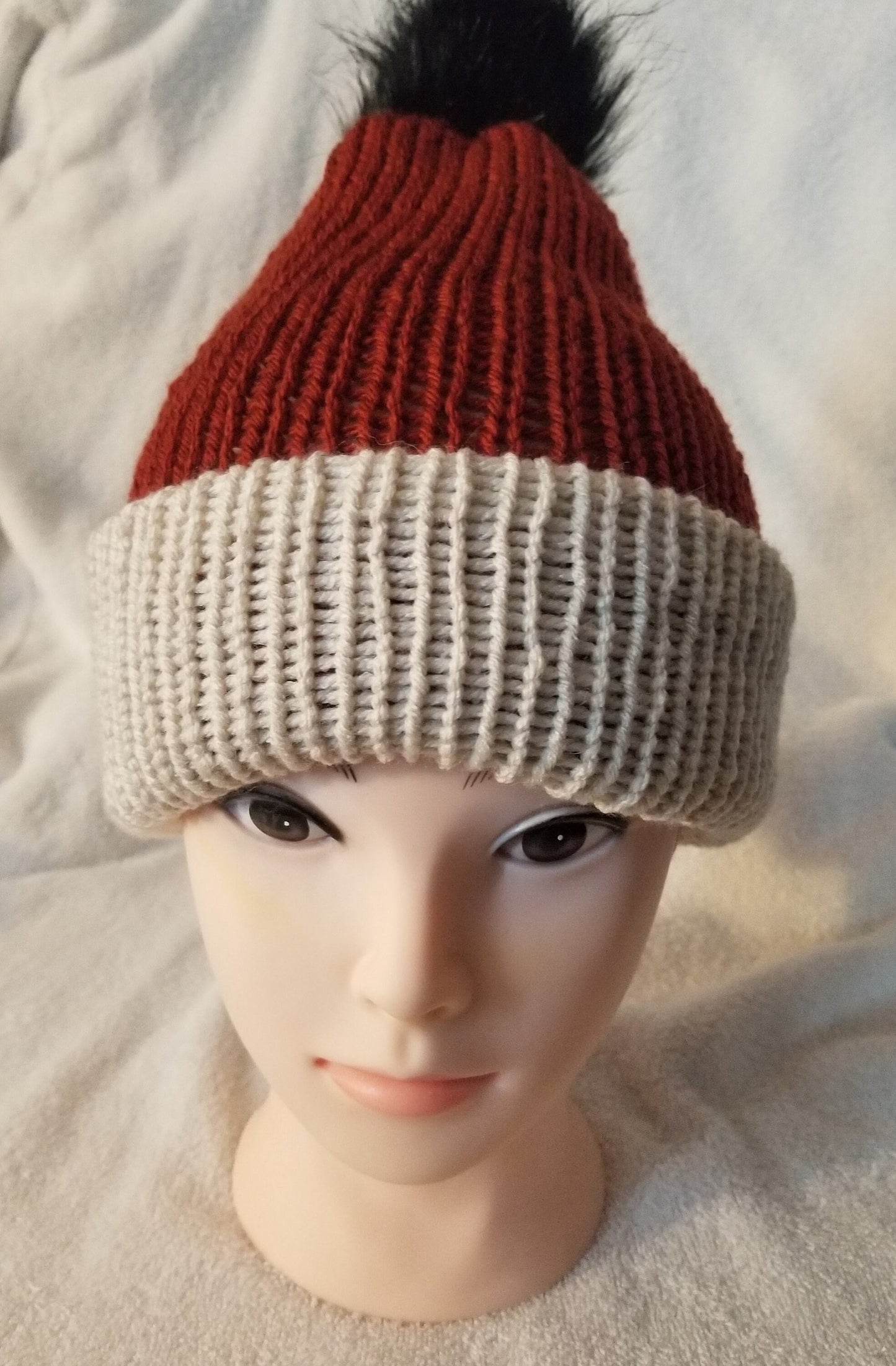 Knit Beanie, Knit Winter Hat, Handmade Winter Hat, Handmade Winter Beanie, Terra Cotta and Linen Beanie with Pom Pom