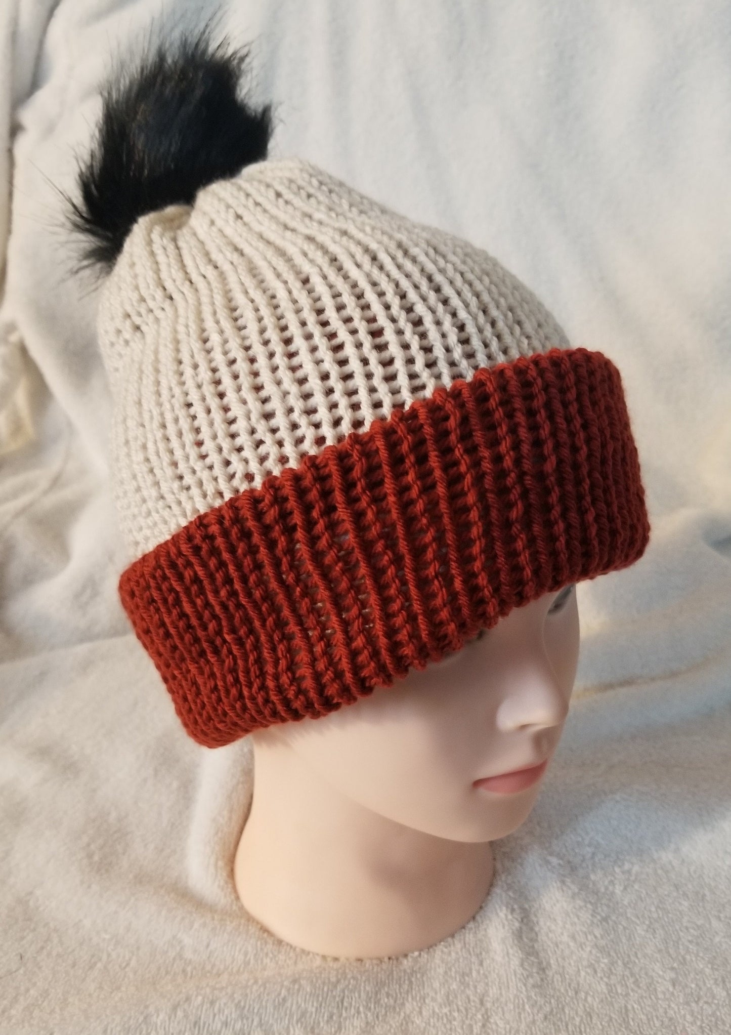 Knit Beanie, Knit Winter Hat, Handmade Winter Hat, Handmade Winter Beanie, Linen and Terra Cotta Beanie with Pom Pom