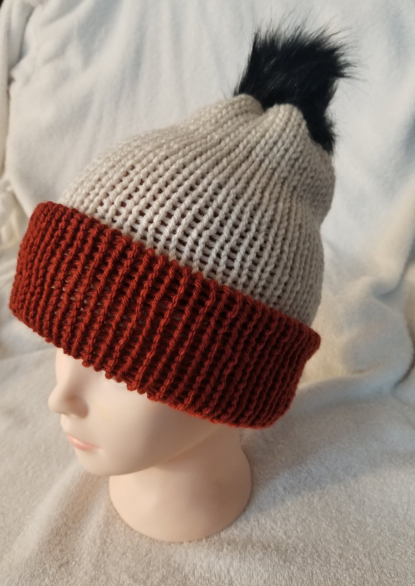 Knit Beanie, Knit Winter Hat, Handmade Winter Hat, Handmade Winter Beanie, Linen and Terra Cotta Beanie with Pom Pom