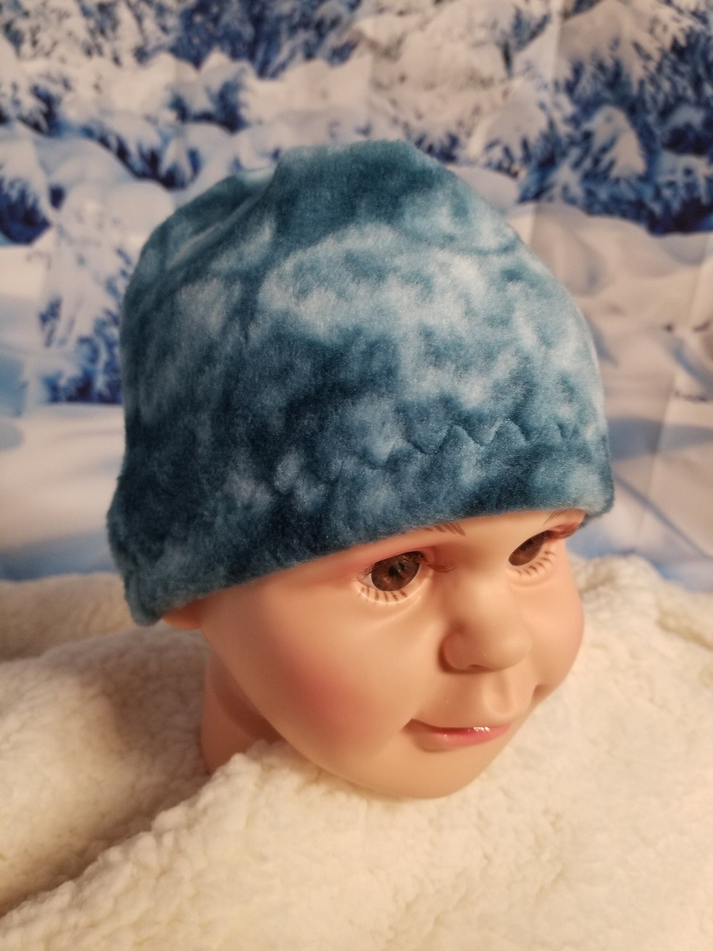 Teal Marble Fleece Beanie fits up to 19 inches, Winter Hat for Child, Handmade Winter Hat, Handmade Winter Beanie, Child Size Fleece Hat