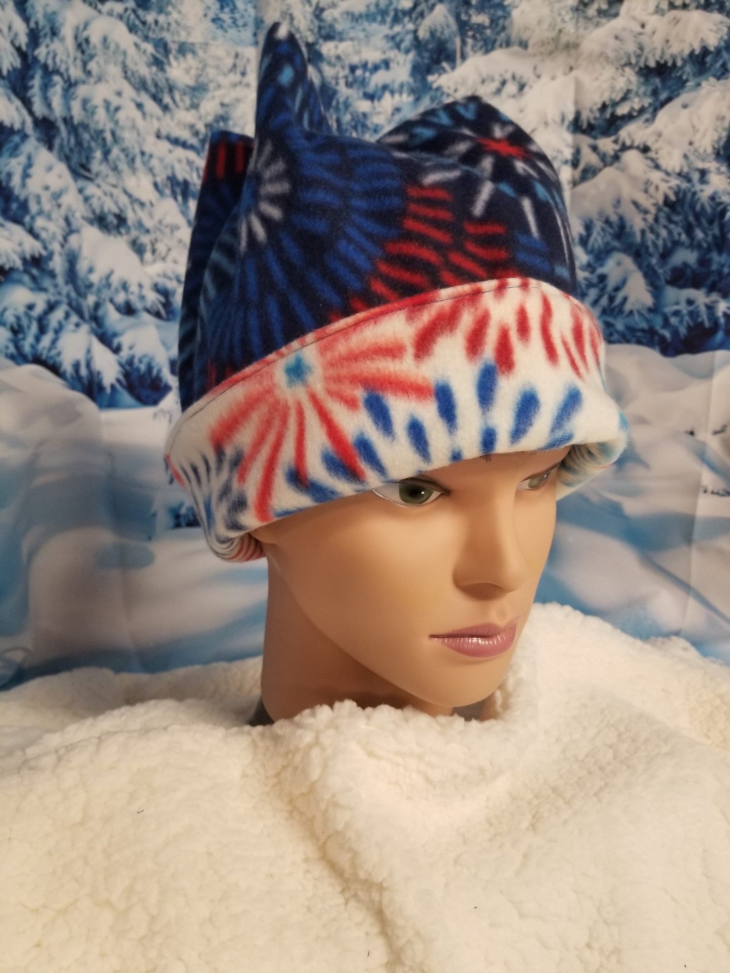 Reversible 4 Point Retro Fleece Beanie fits up to 22.5 inches, Adult Fun Winter Hat, Handmade Winter Hat, Handmade Reversible Fleece Hat