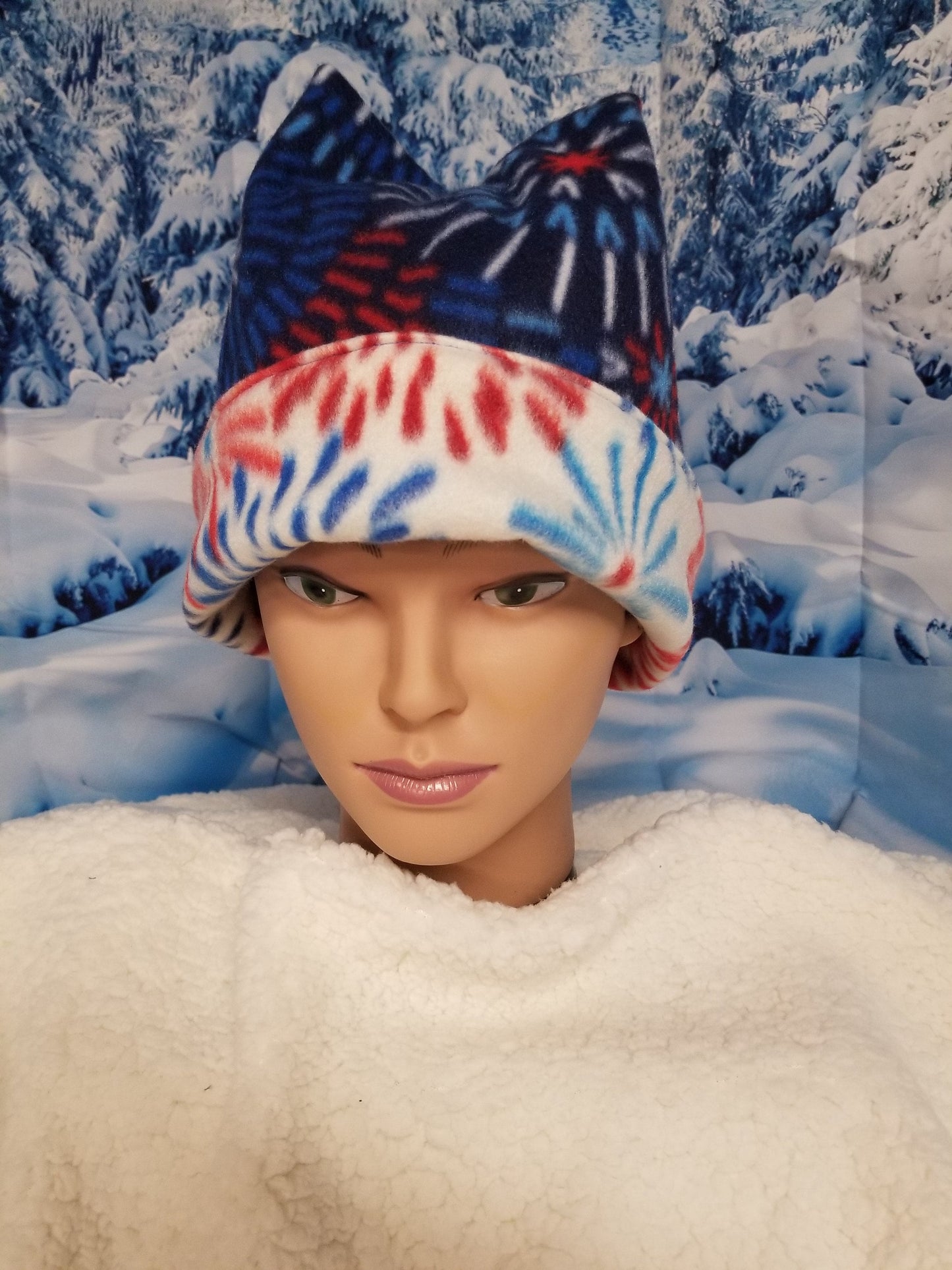 Reversible 4 Point Retro Fleece Beanie fits up to 22.5 inches, Adult Fun Winter Hat, Handmade Winter Hat, Handmade Reversible Fleece Hat