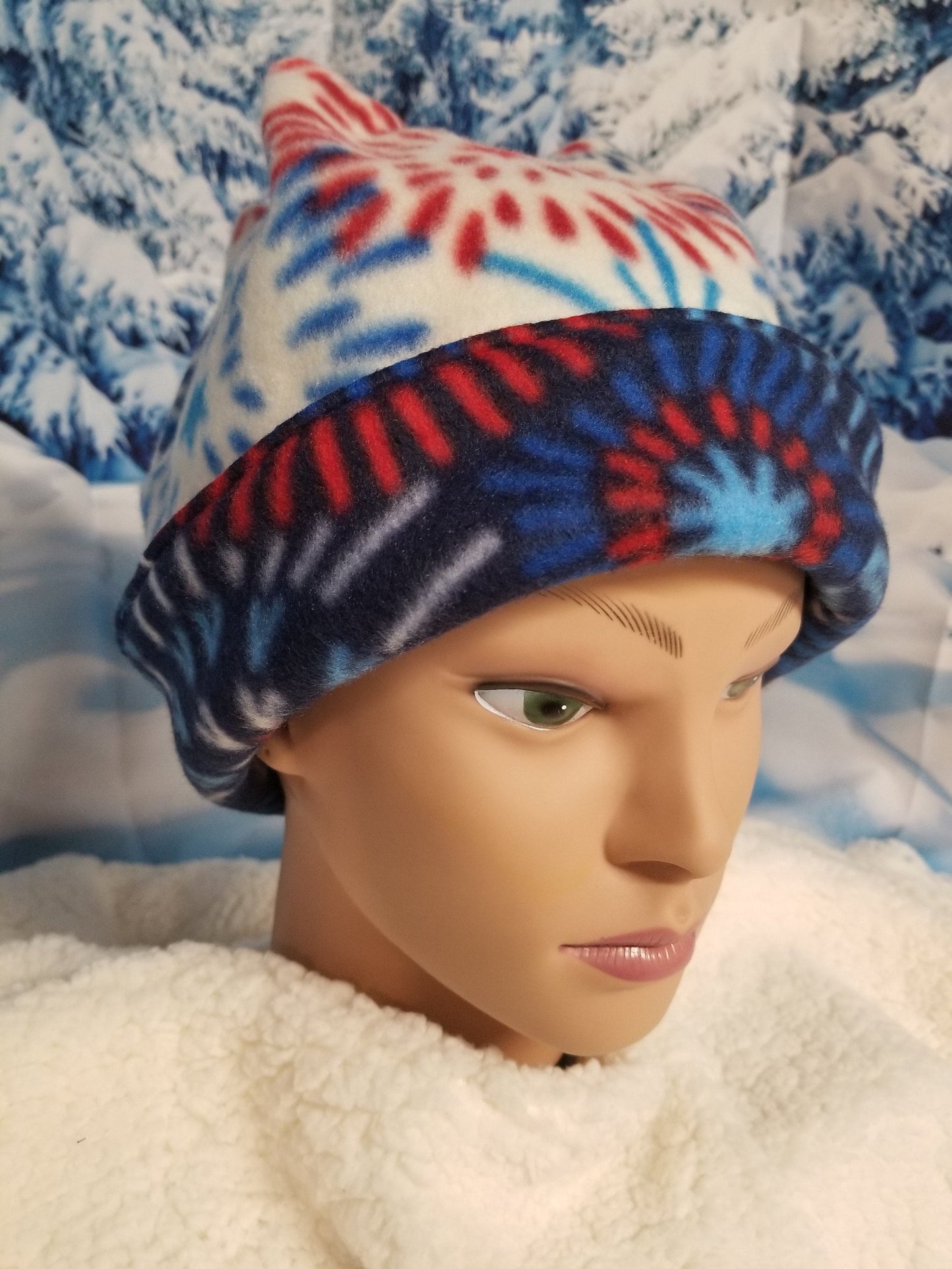 Reversible 4 Point Retro Fleece Beanie fits up to 22.5 inches, Adult Fun Winter Hat, Handmade Winter Hat, Handmade Reversible Fleece Hat