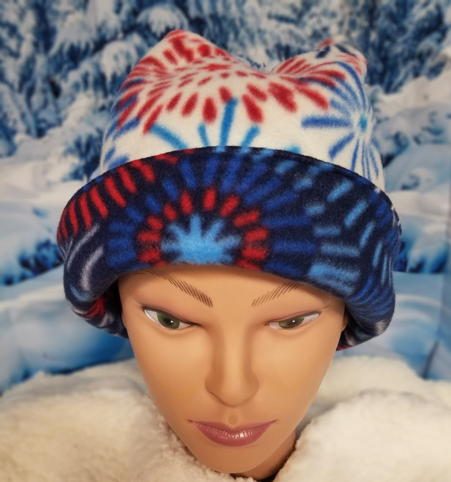 Reversible 4 Point Retro Fleece Beanie fits up to 22.5 inches, Adult Fun Winter Hat, Handmade Winter Hat, Handmade Reversible Fleece Hat