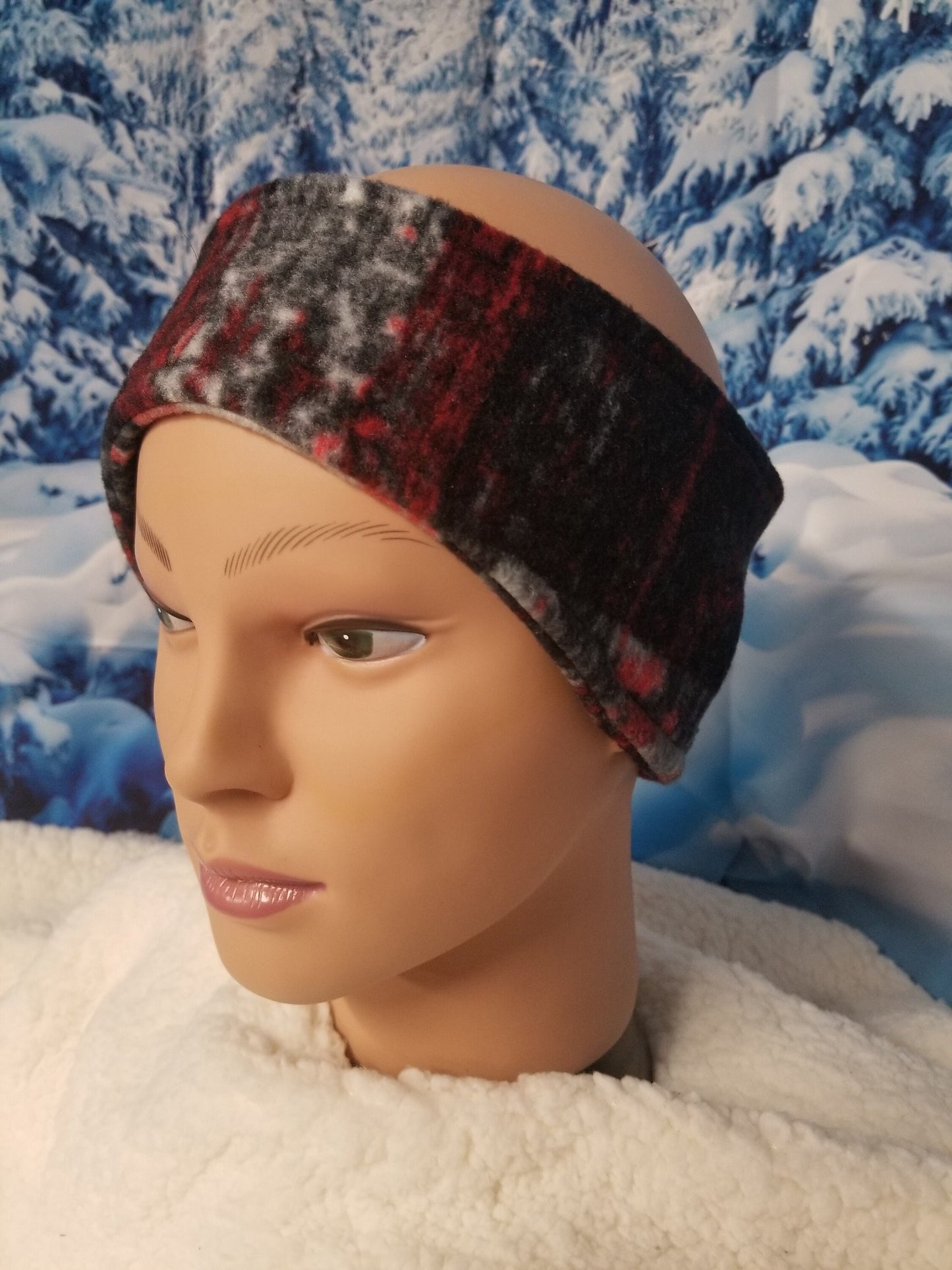 Black, Red, and Grey Plaid Fleece Ear Warmer, Fleece Headband Ear Warmers Fleece Head Ear Wrap, Fleece Ear Cover, Headbands, Women's Medium