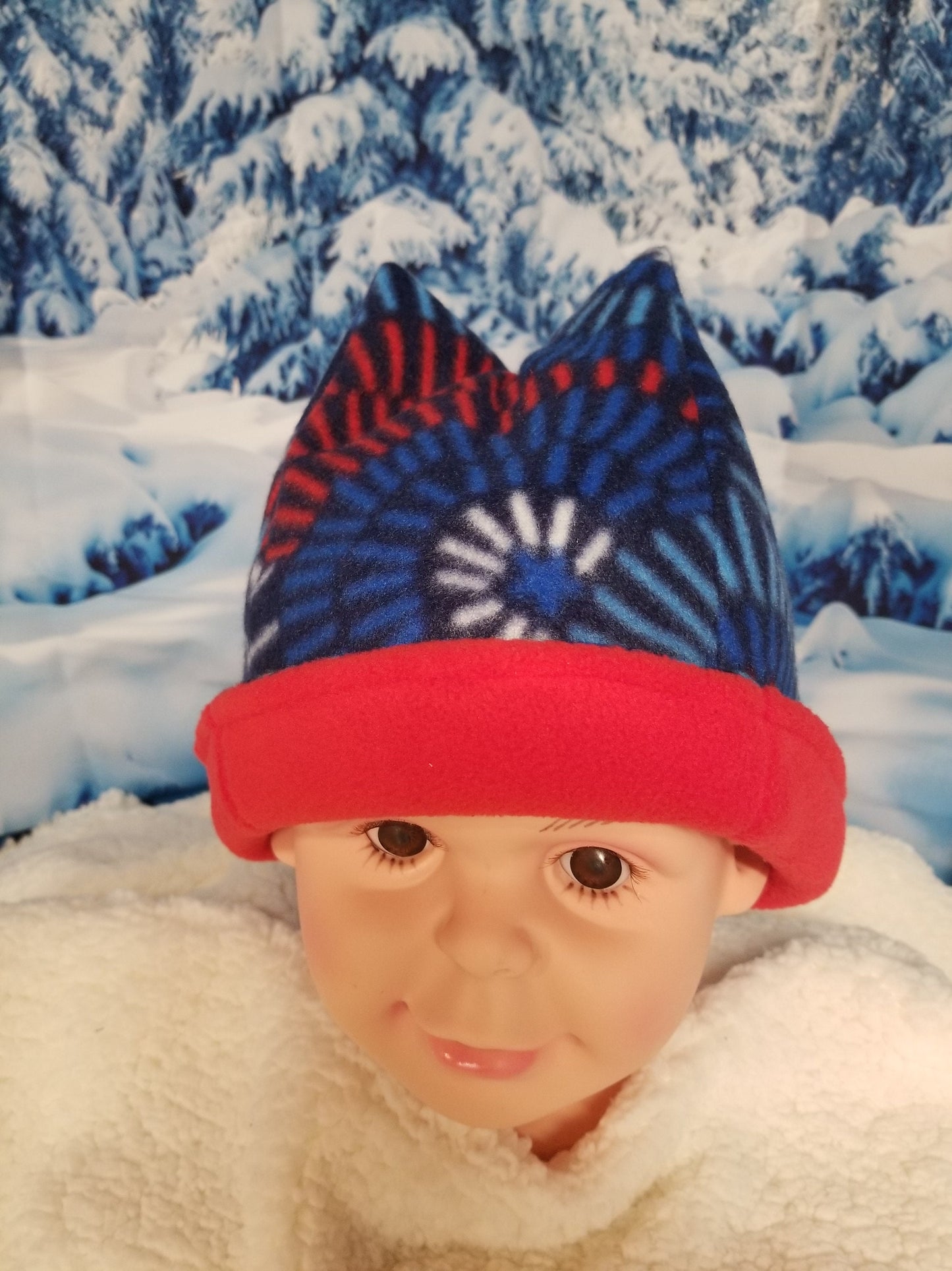 Reversible 4 Point Retro Fleece Beanie fits up to 19 inches, Fun Winter Hat for Child, Handmade Winter Hat, Handmade Child Size Fleece Hat