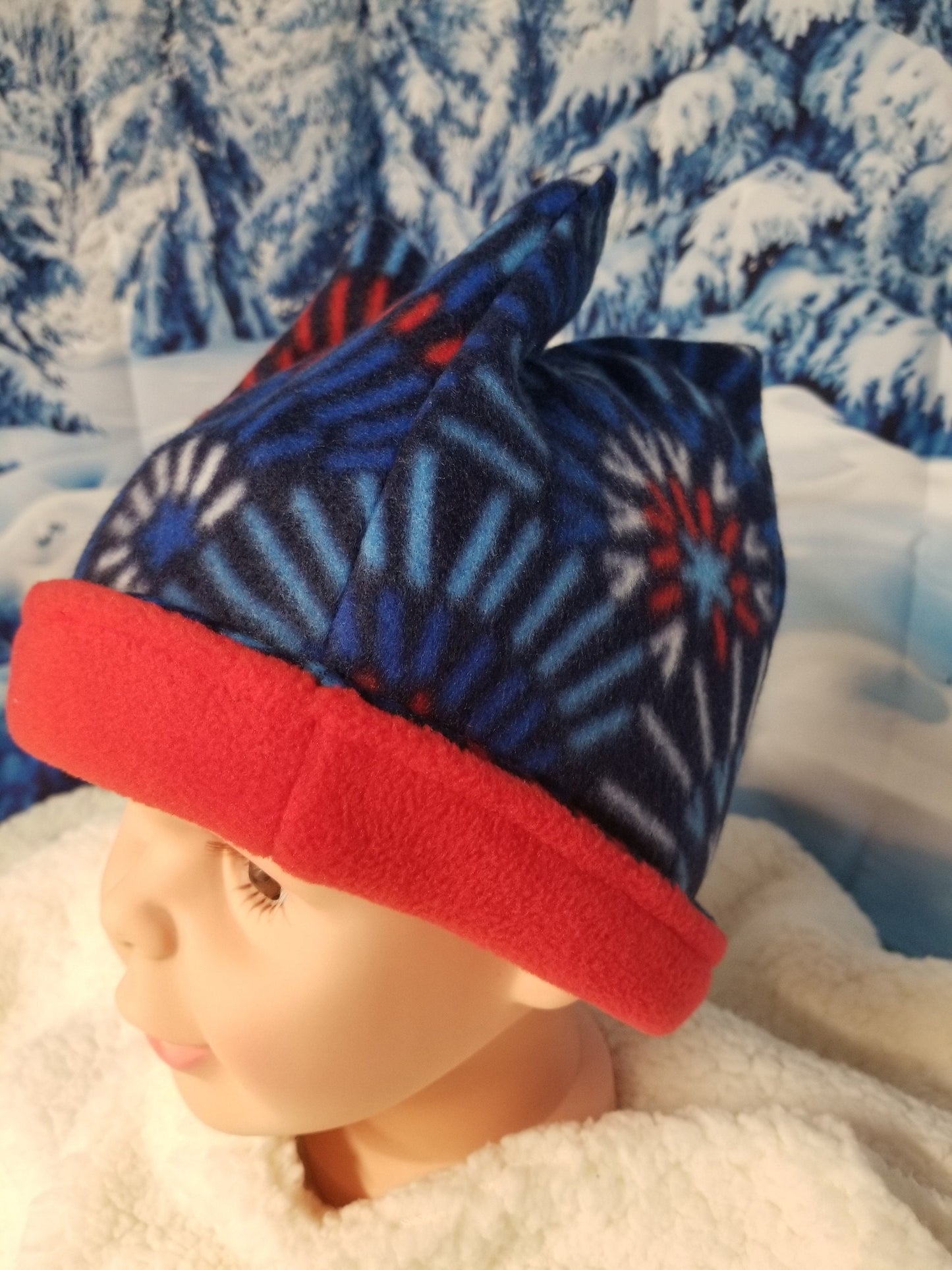 Reversible 4 Point Retro Fleece Beanie fits up to 19 inches, Fun Winter Hat for Child, Handmade Winter Hat, Handmade Child Size Fleece Hat