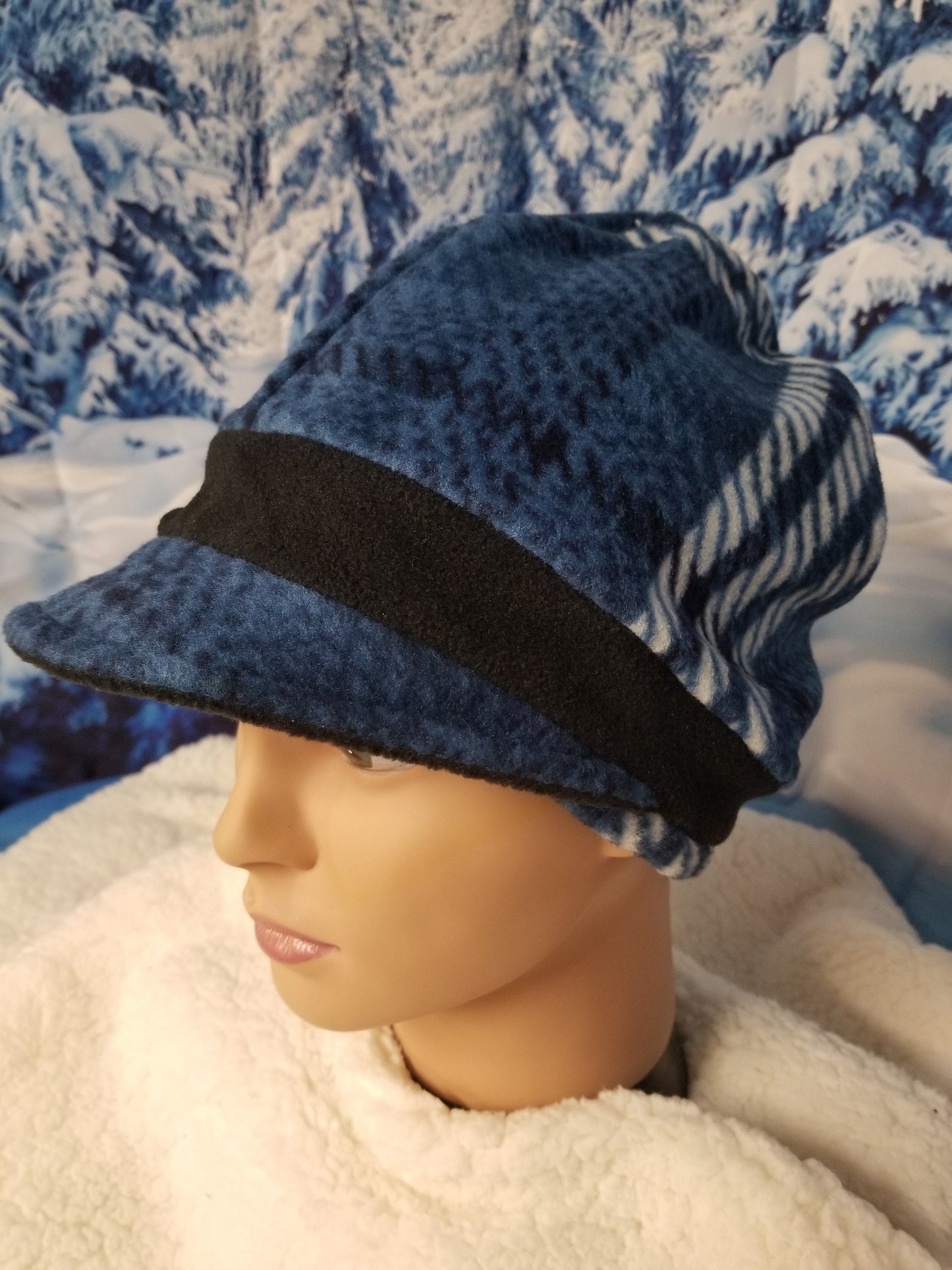 Blue Sweater Plaid Black Fleece Band Anti Pill Fleece Newsboy Hat, Women's Fleece Newsboy, Women's Fleece Hat with Visor, Visor Hat
