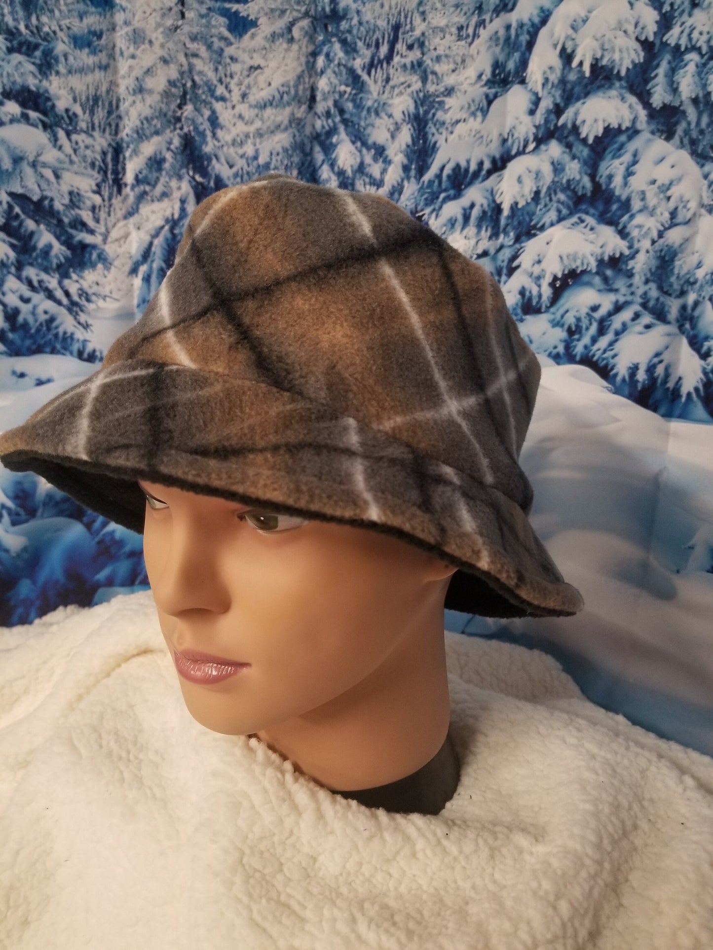 Brown Plaid Print Winter Hat; Winter Bucket Hat; Fleece Winter Hat, Fleece Bucket Hat, Winter Fleece Bucket Hat