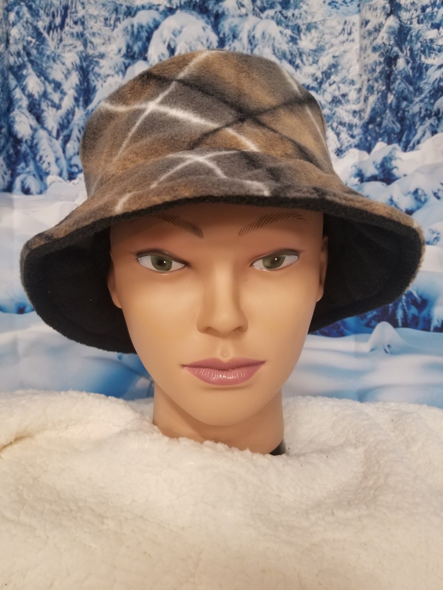 Brown Plaid Print Winter Hat; Winter Bucket Hat; Fleece Winter Hat, Fleece Bucket Hat, Winter Fleece Bucket Hat