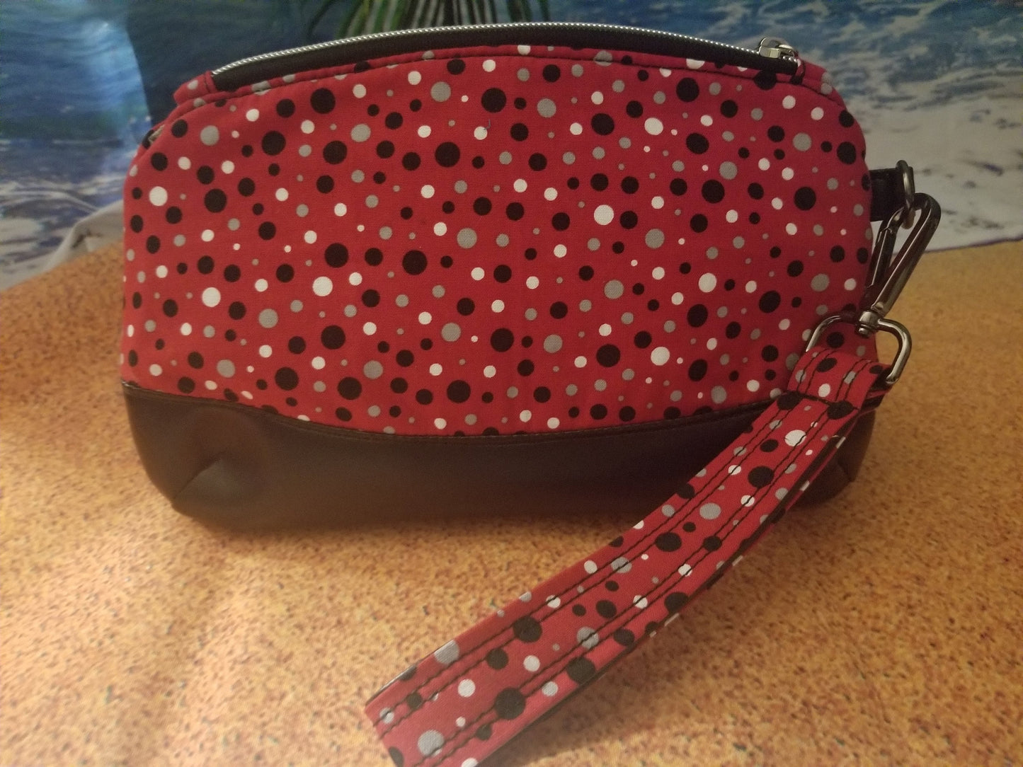 Black, White, and Gray Dots on Red Clematis Wristlet, Vacation Clutch, Excursion Bag, Cosmetic Bag, Zipper pouch w detachable wristlet strap