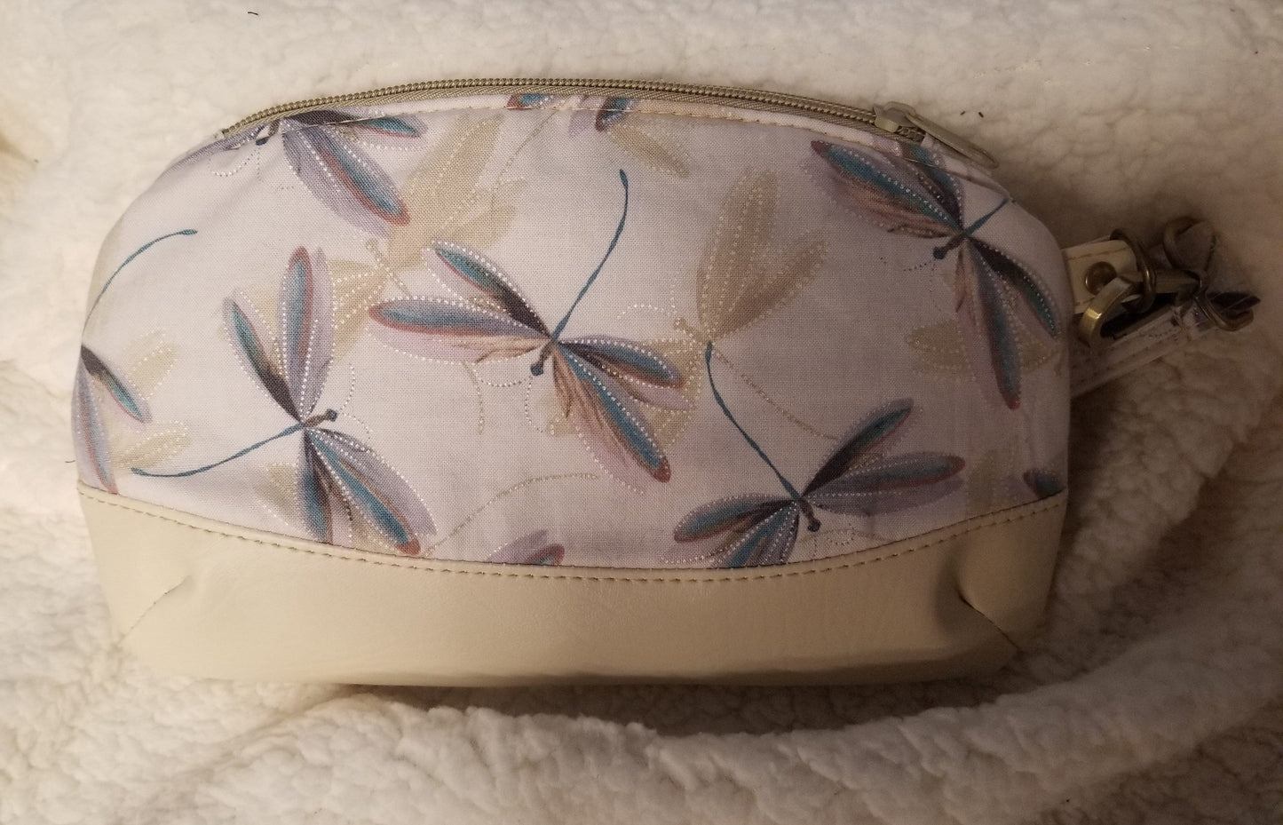 Dragonflies on Beige Background Clematis Wristlet, Vacation Clutch, Excursion Bag, Cosmetic Bag, Zipper pouch with detachable wristlet strap
