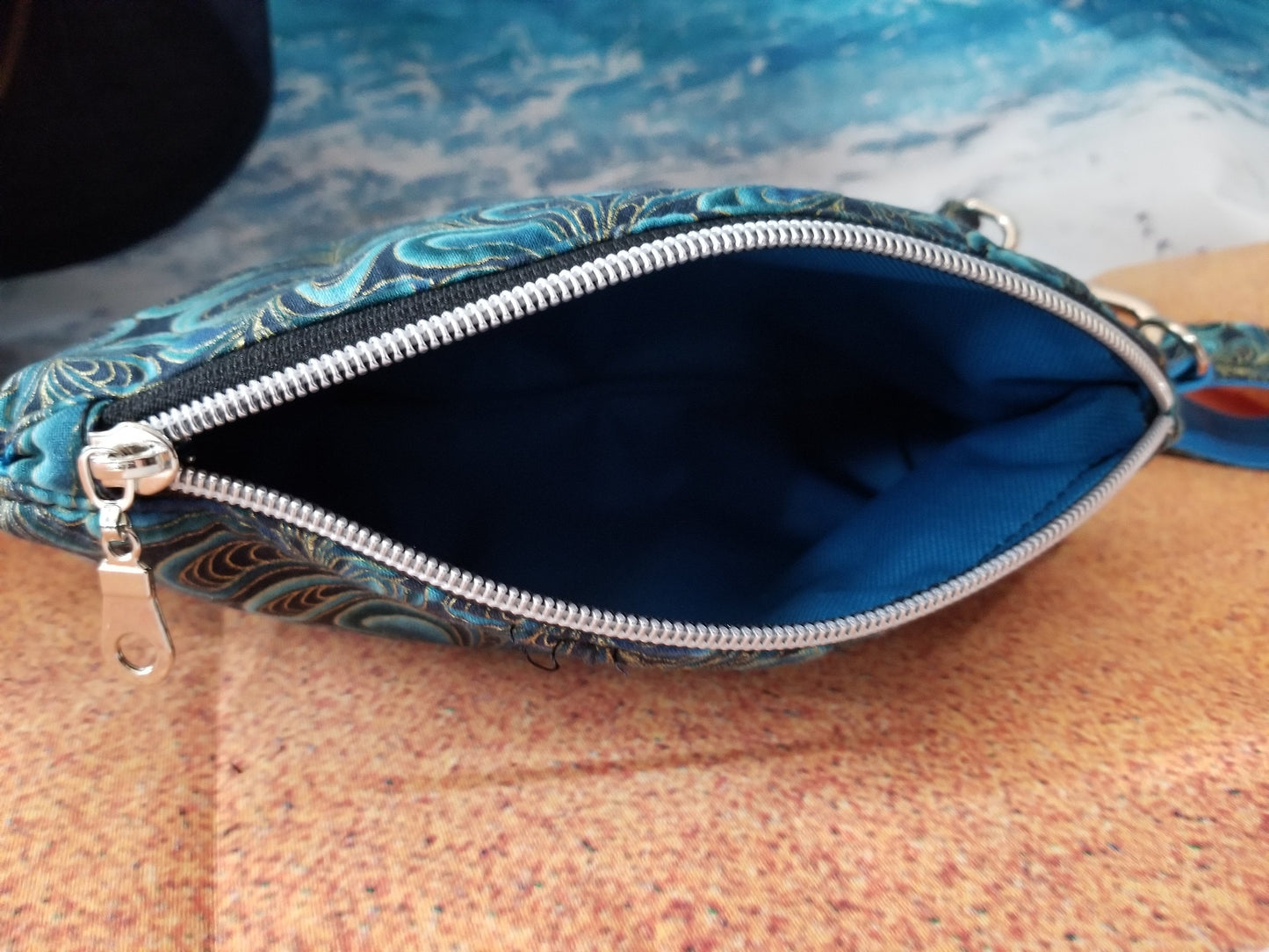 Blue and Gold Peacock Feather Print Clematis Wristlet, Vacation Clutch, Excursion Bag, Cosmetic Bag Zipper pouch w detachable wristlet strap